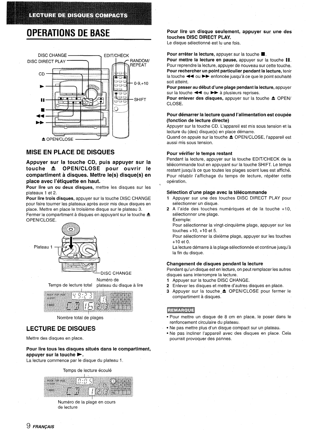 Aiwa CX-NA22 manual Mise EN Place DE Disques, Lecture DE Disques, Open/Close 