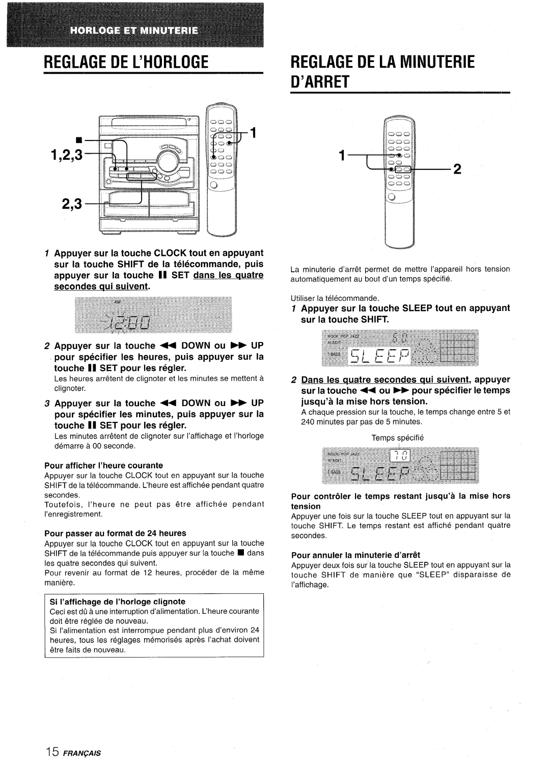 Aiwa CX-NA22 manual Reglagedel’Horloge, Reglage DE LA Minuterie ’ARRET 