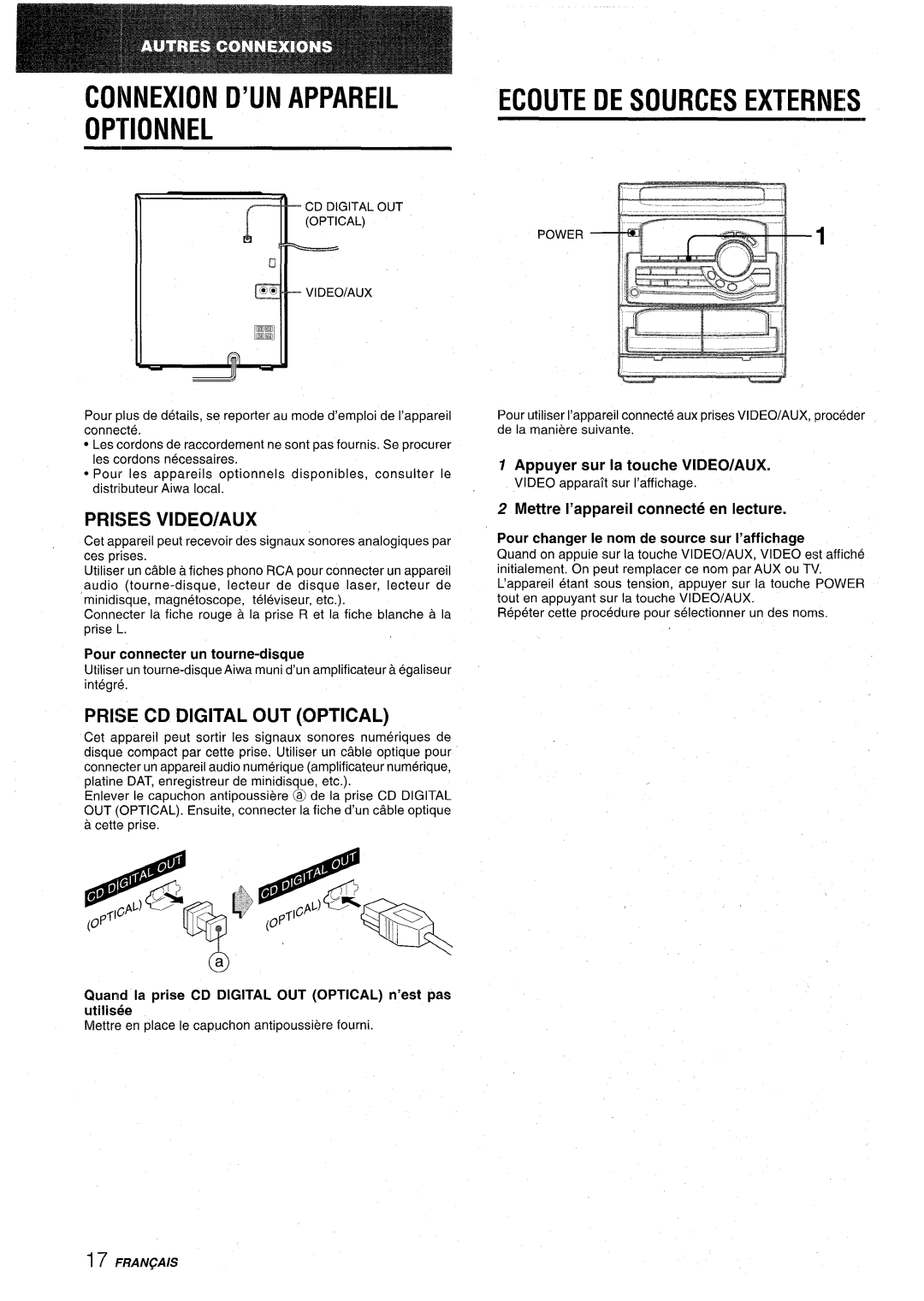 Aiwa CX-NA22 Connexion D’UN Appareil Optionnel, Ecoute DE Sources Externes, Prises VIDEO/AUX, Prise CD Digital OUT Optical 