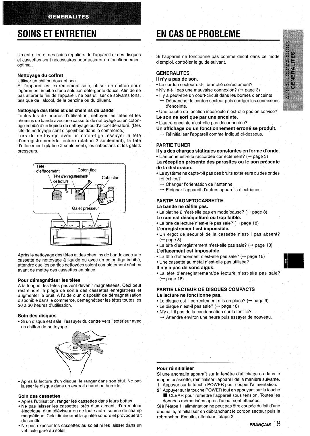 Aiwa CX-NA22 manual Soins ET Entretien, Generalities, Partie Tuner, Partie Magnetocassette 