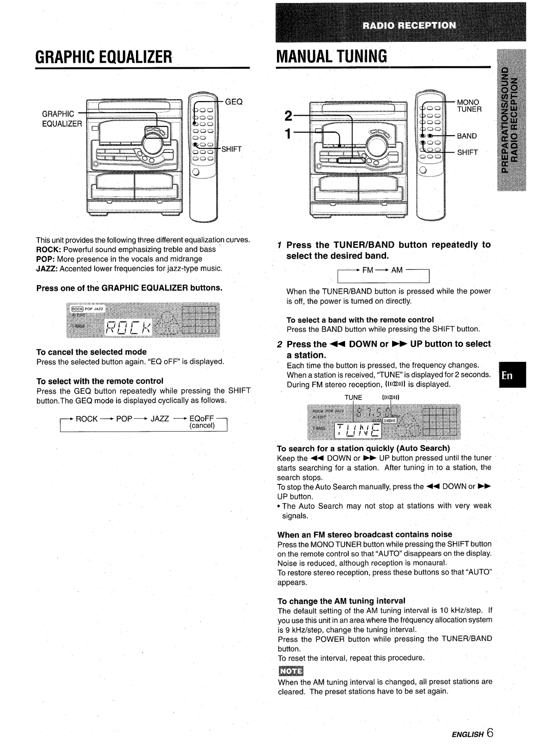 Aiwa CX-NA22 manual Graphic Equalizer, Manual Tuning, To select with the remote control 