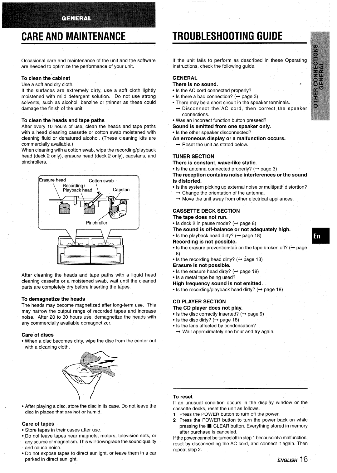 Aiwa CX-NA22 Care And Maintenance, Troubleshooting Guide, To clean the”cabinet, Care of discs, Care of tapes, General 