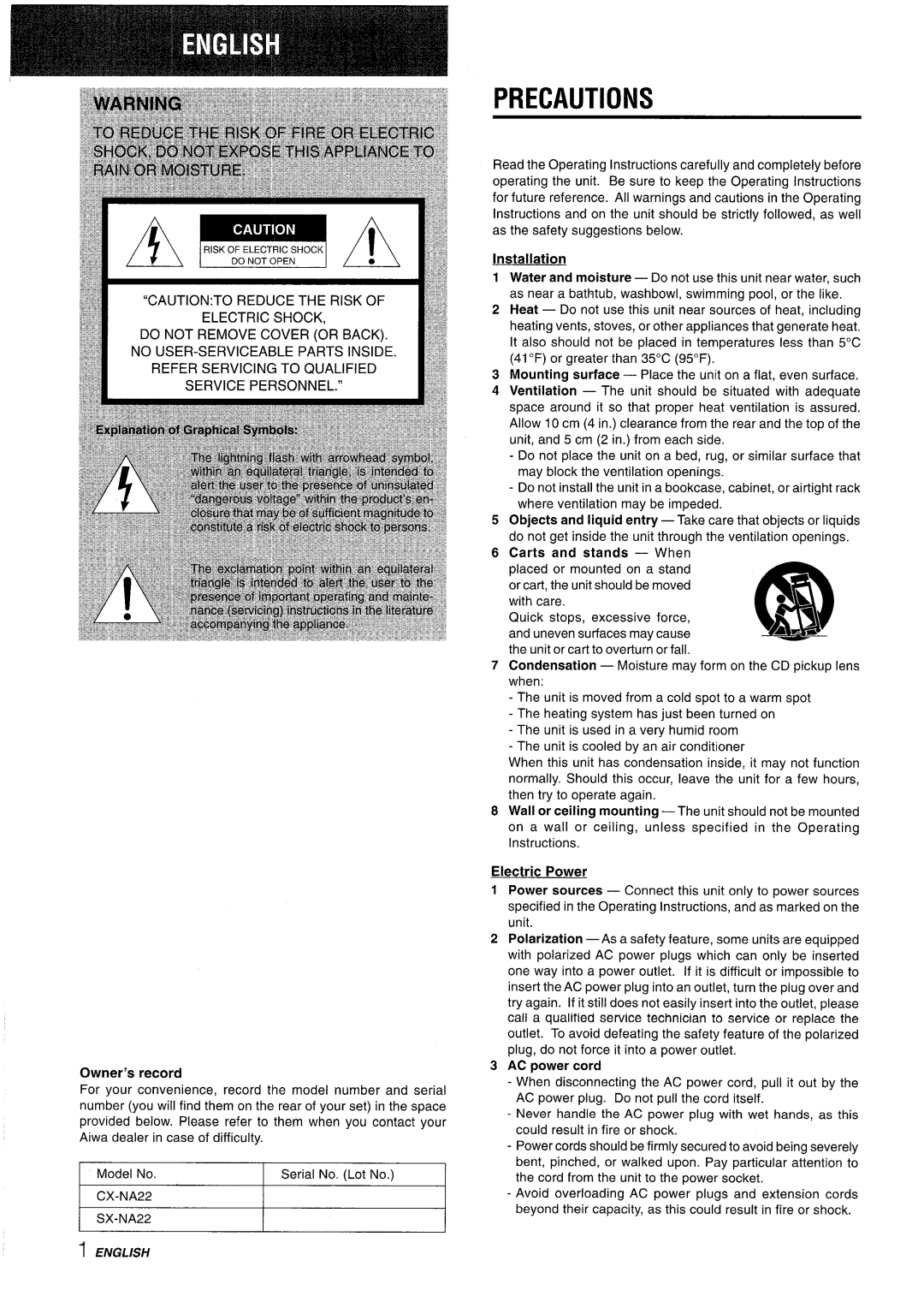 Aiwa CX-NA22 manual Precautions, English 
