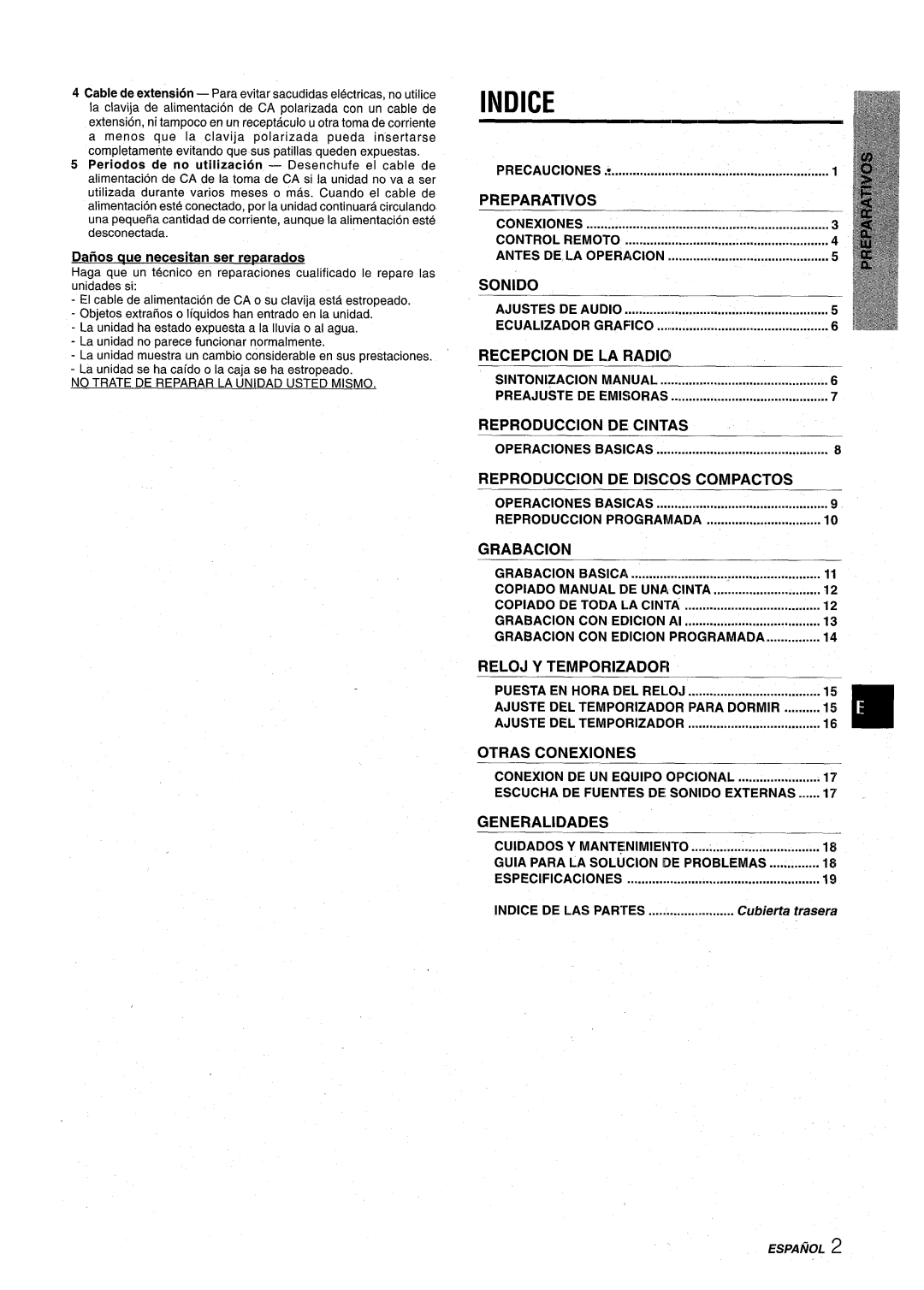 Aiwa CX-NA22 manual Indice, Preparatives, Sonido, Recepcion, De La Radio, Reproduction, De Cintas, De Discos, Compactos 