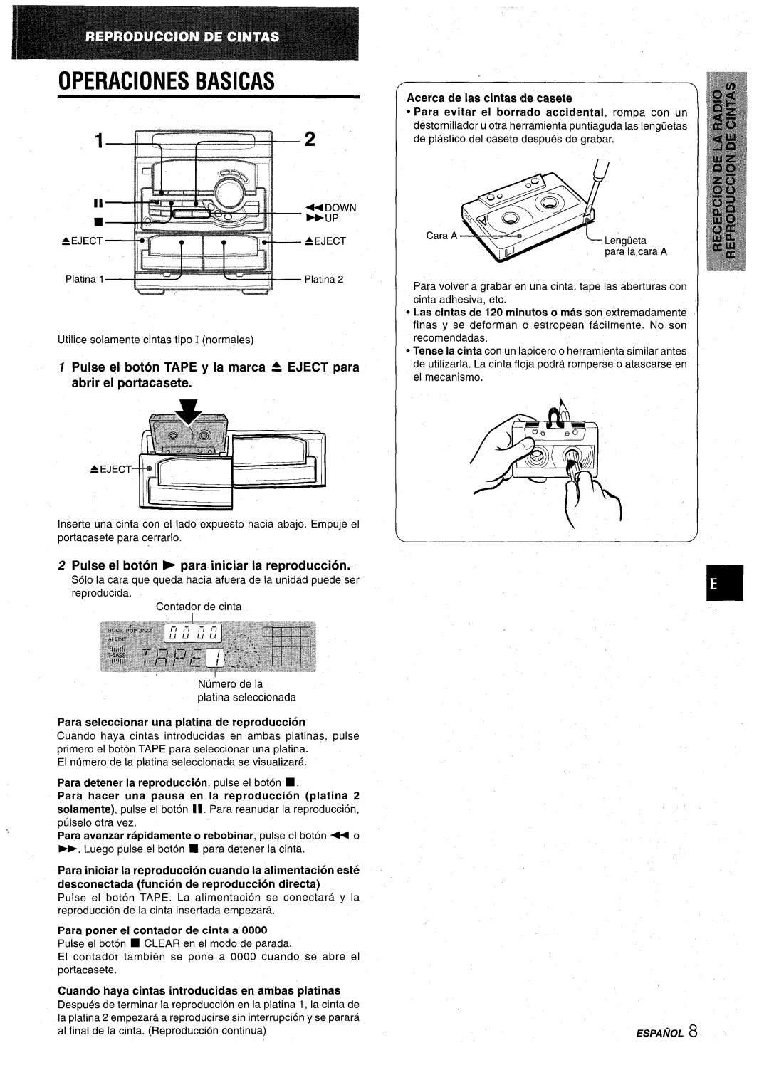 Aiwa CX-NA22 manual OPERAClONES BASICAS, Pulse el boton TAPE y la marca A EJECT para abrir el portacasete 
