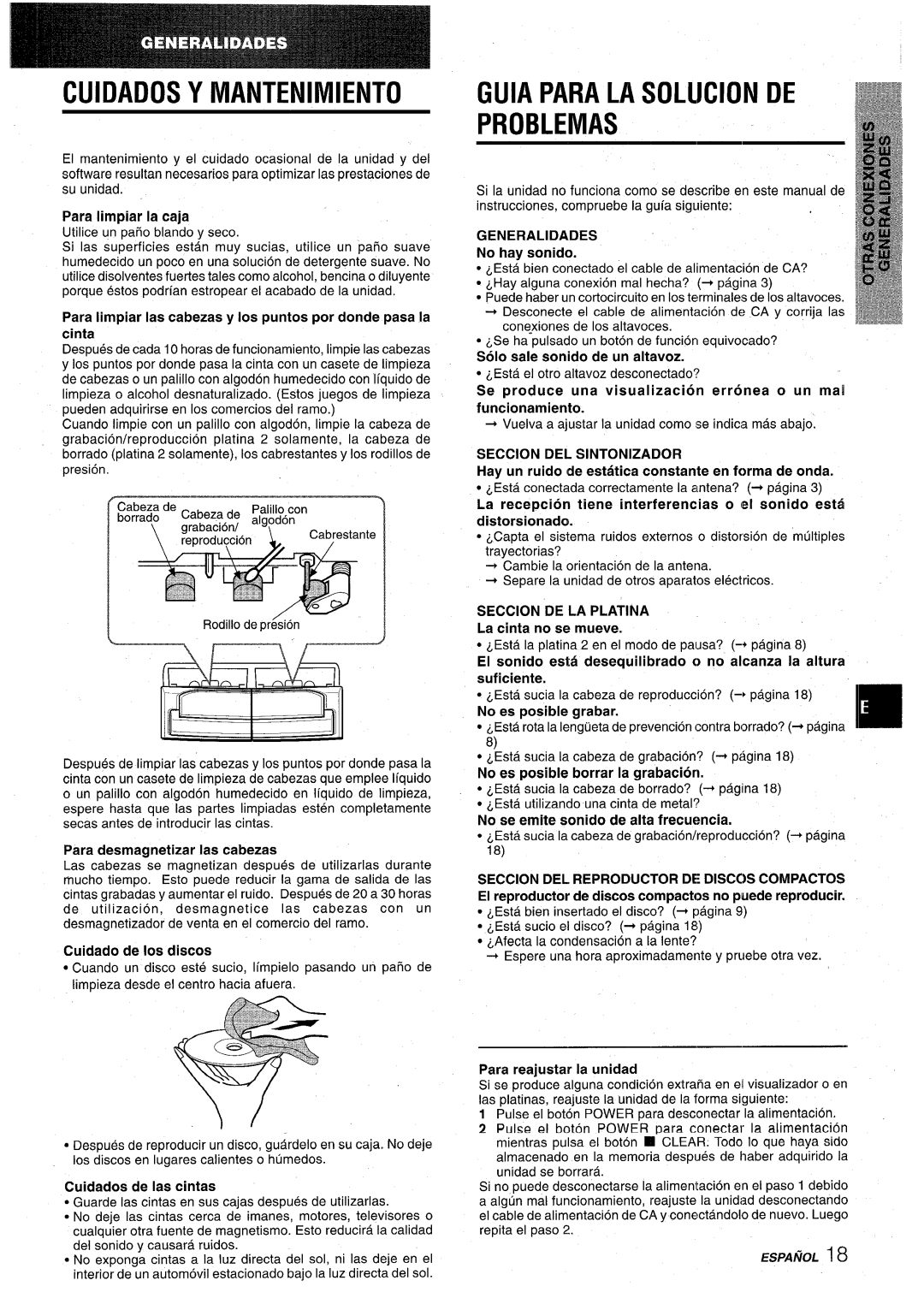 Aiwa CX-NA22 manual Cuidados Y Mantenimiento, Guia Para La Solucionde Problemas, r-----n”r, Para desmagnetizar Ias cabezas 