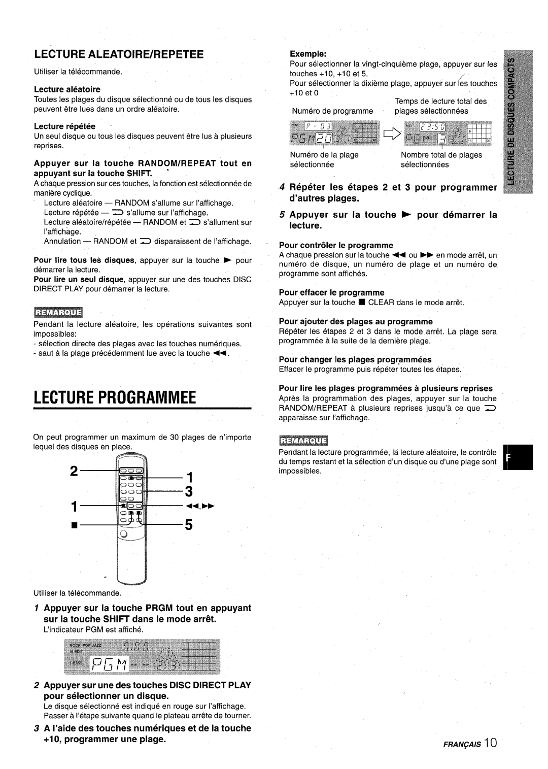 Aiwa CX-NA22 manual Lecture Programmed, Lecture Aleatoire/Repetee, Repeter k etapes 2 et 3 pour programmer d’autres plages 