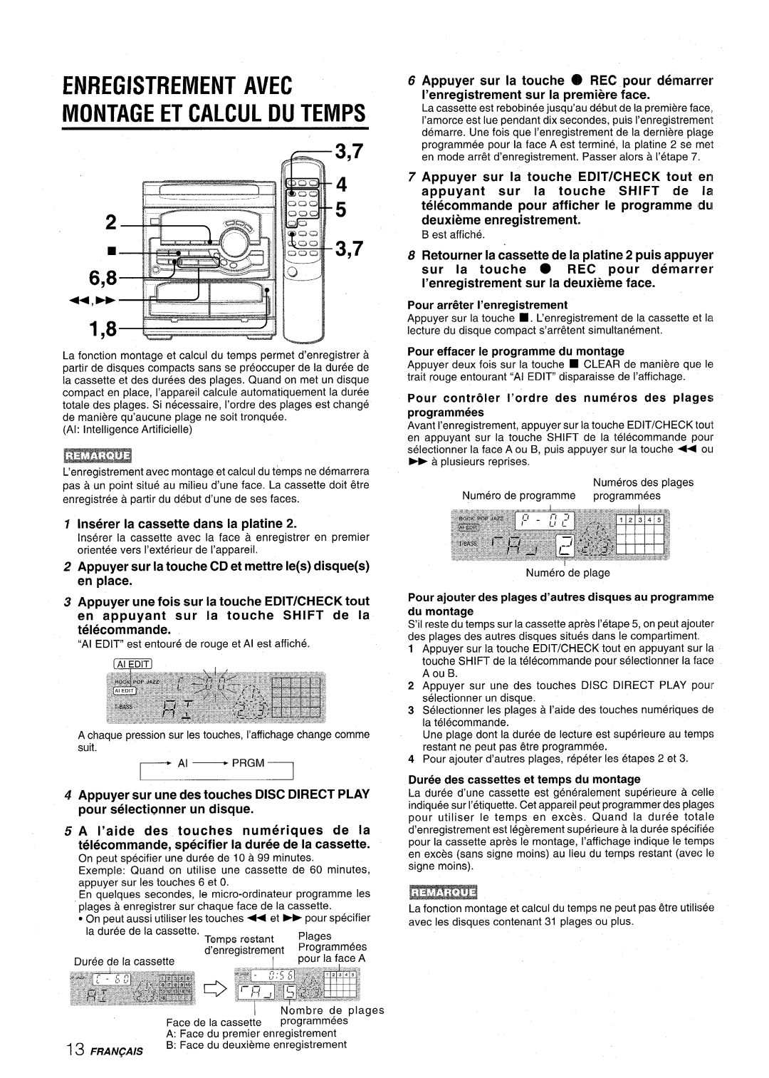Aiwa CX-NA22 manual Enregistrement Avec Montage Et Calcul Du Temps, 3,7 6,8 U,w 1,8, Inserer la cassette clans la platine 