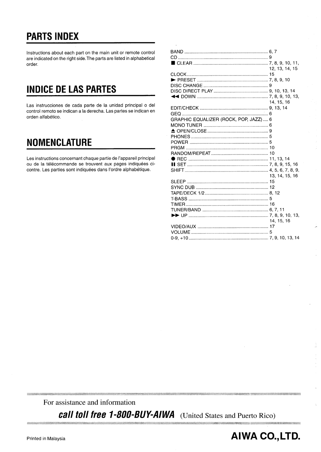 Aiwa CX-NA22 Parts Index, Indice De Las Partes, Nomenclature, Cfl// h7// fh?t?1-80&Buy-A/wA, United States and Puerto Rico 