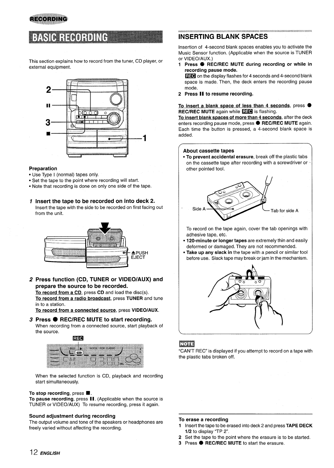 Aiwa CX-NA222 Inserting Blank Spaces, Insert the tape to be recorded on into deck, Press REC/REC Mute to start recording 