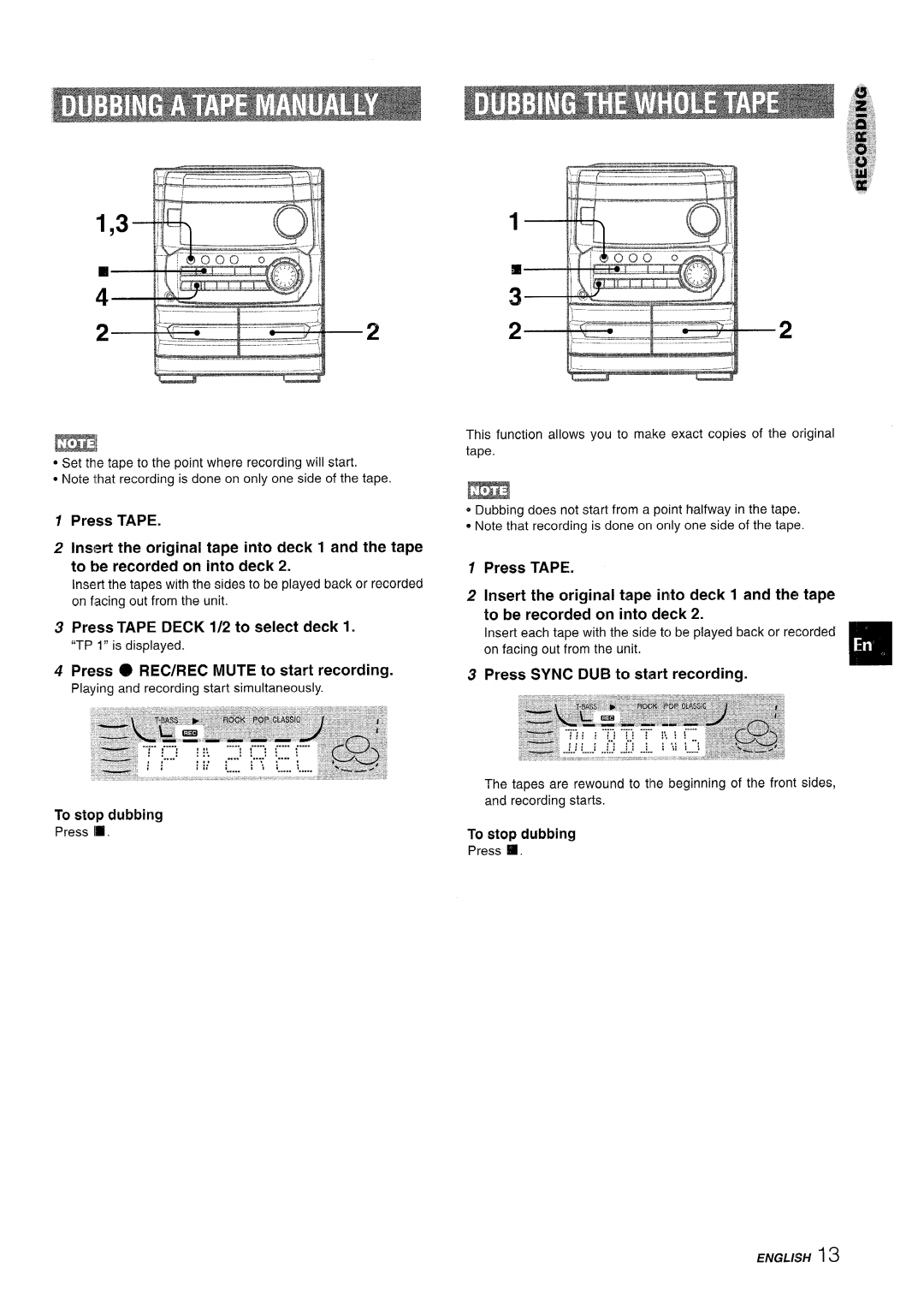 Aiwa CX-NA222 manual Press Tape Deck 1/2 to select deck, Press Sync DUB to StiBrt recording, To stop dubbing 