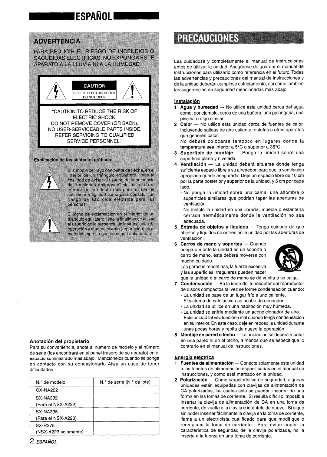 Aiwa CX-NA222 manual Anotacion del propietario, Instalacion, Eneraia el%triCa 