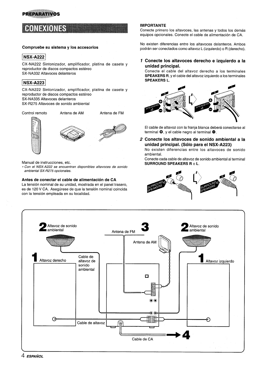 Aiwa CX-NA222 manual Importante, Compruebe su sistema y Ios accesorios, Speakers L, Surround Speakers R O L 