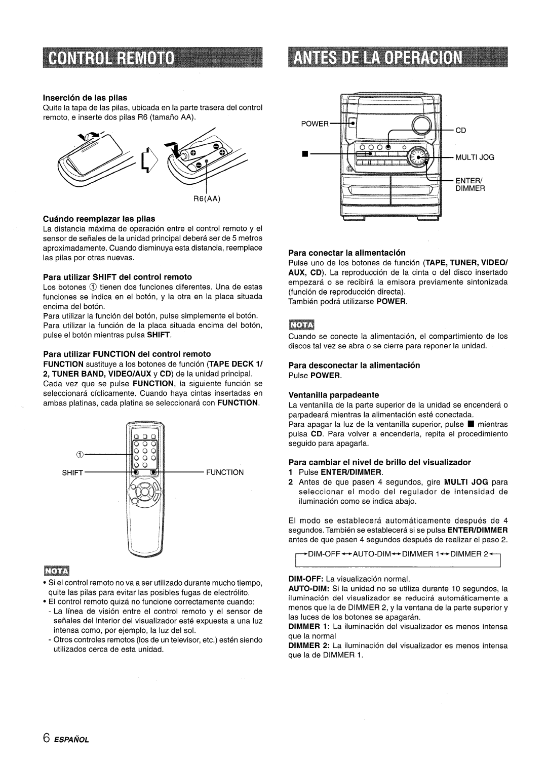 Aiwa CX-NA222 manual Insertion de las pilas, Cuando reemplazar Ias pilas, Para utilizar Shift del control remoto 