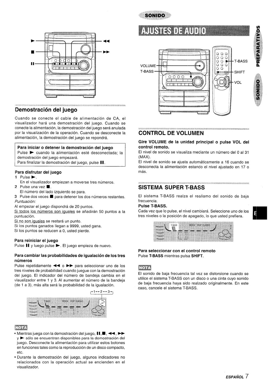 Aiwa CX-NA222 manual Para iniciar o detener la demostracion del juego, Para disfrutar del juego, Para reiniciar el juego 