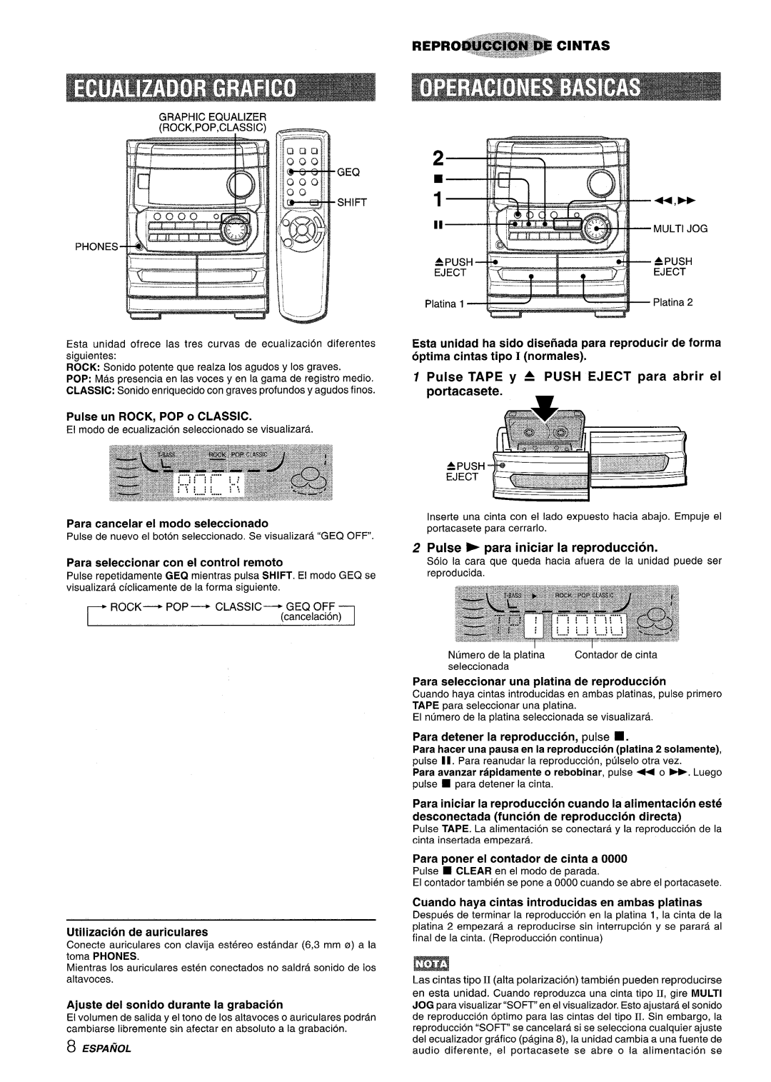 Aiwa CX-NA222 manual Pulse Tape y a Push Eject para abrir el, Pulse para iniciar la reproduction 