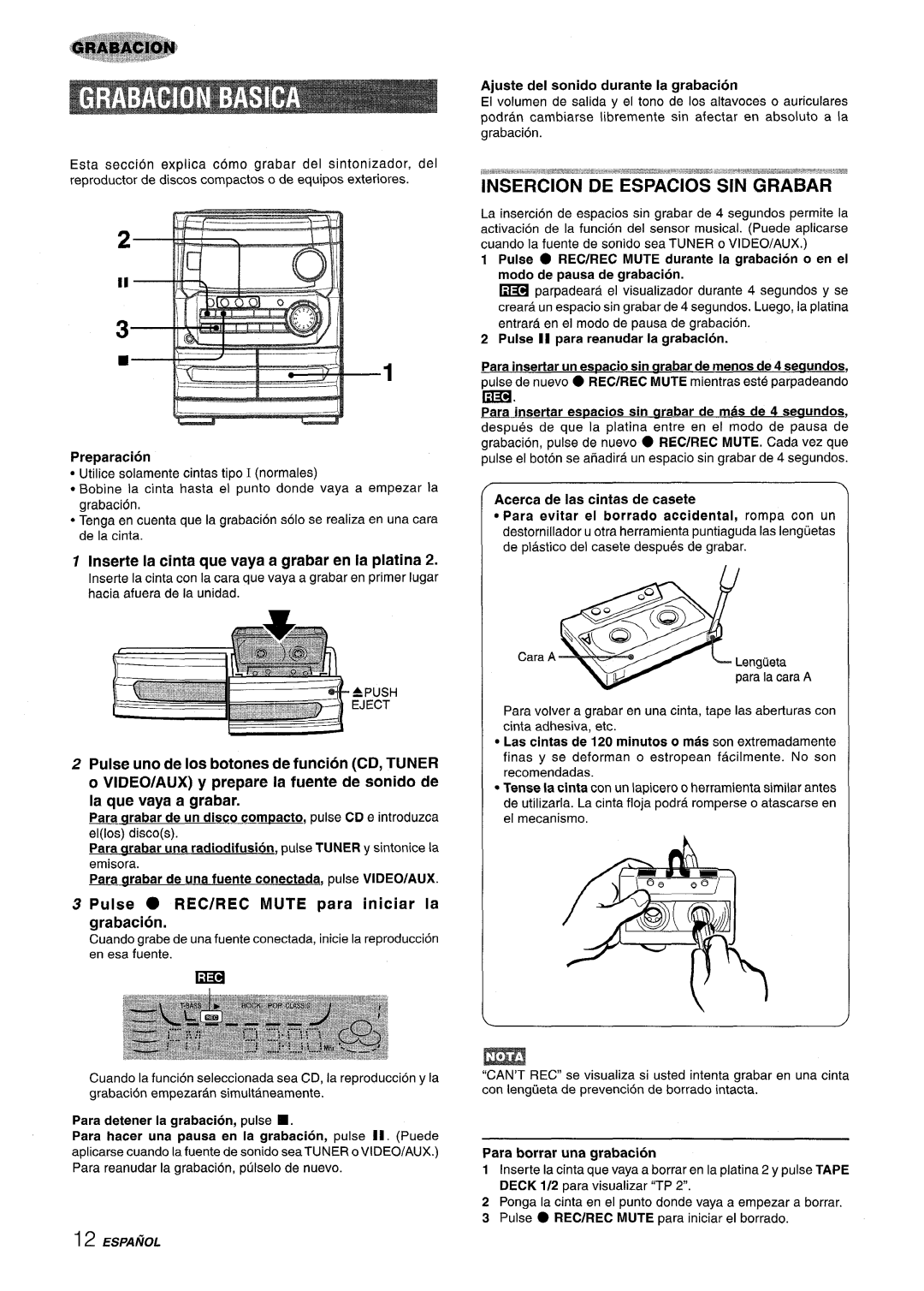 Aiwa CX-NA222 manual Insercion DE Espacios SIN Grabar 