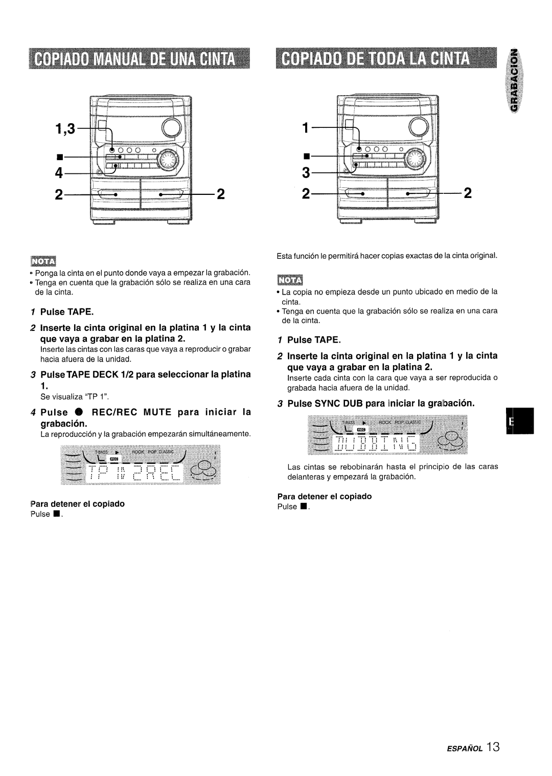 Aiwa CX-NA222 manual Pulse Tape Deck 1/2 para seleccionar la platina, Pulse @ REC/REC Mute para iniciar la grabacion 