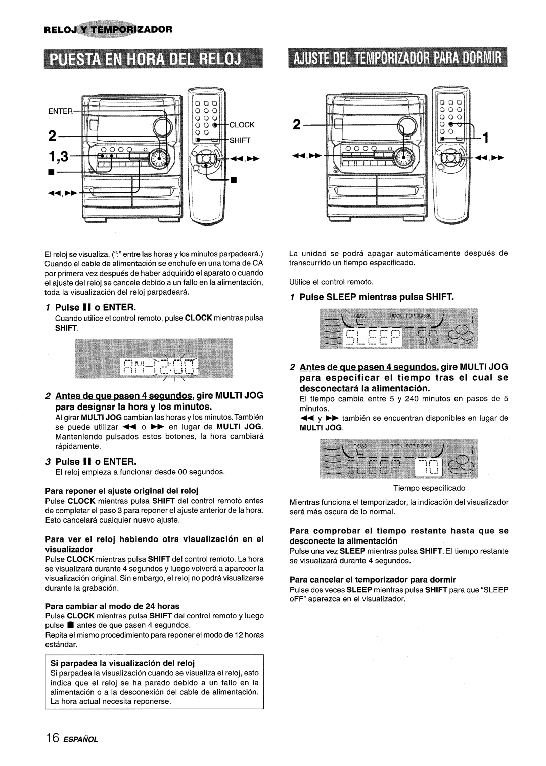 Aiwa CX-NA222 manual Pulse 1I o Enter, Pulse II o Enter, Para reponer el ajuste original del reloj 