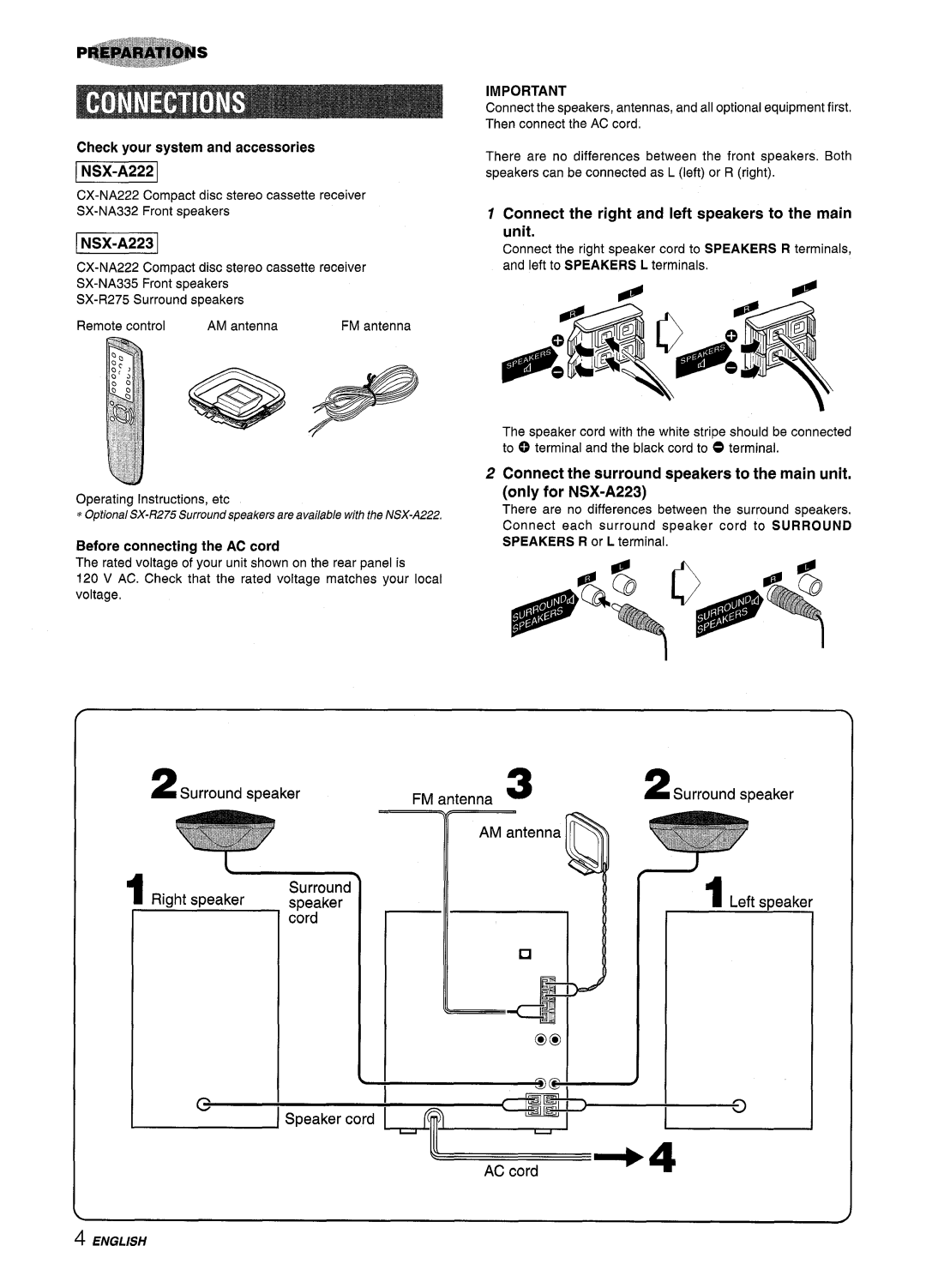 Aiwa CX-NA222 manual Connect the right and left speakers to the main unit 