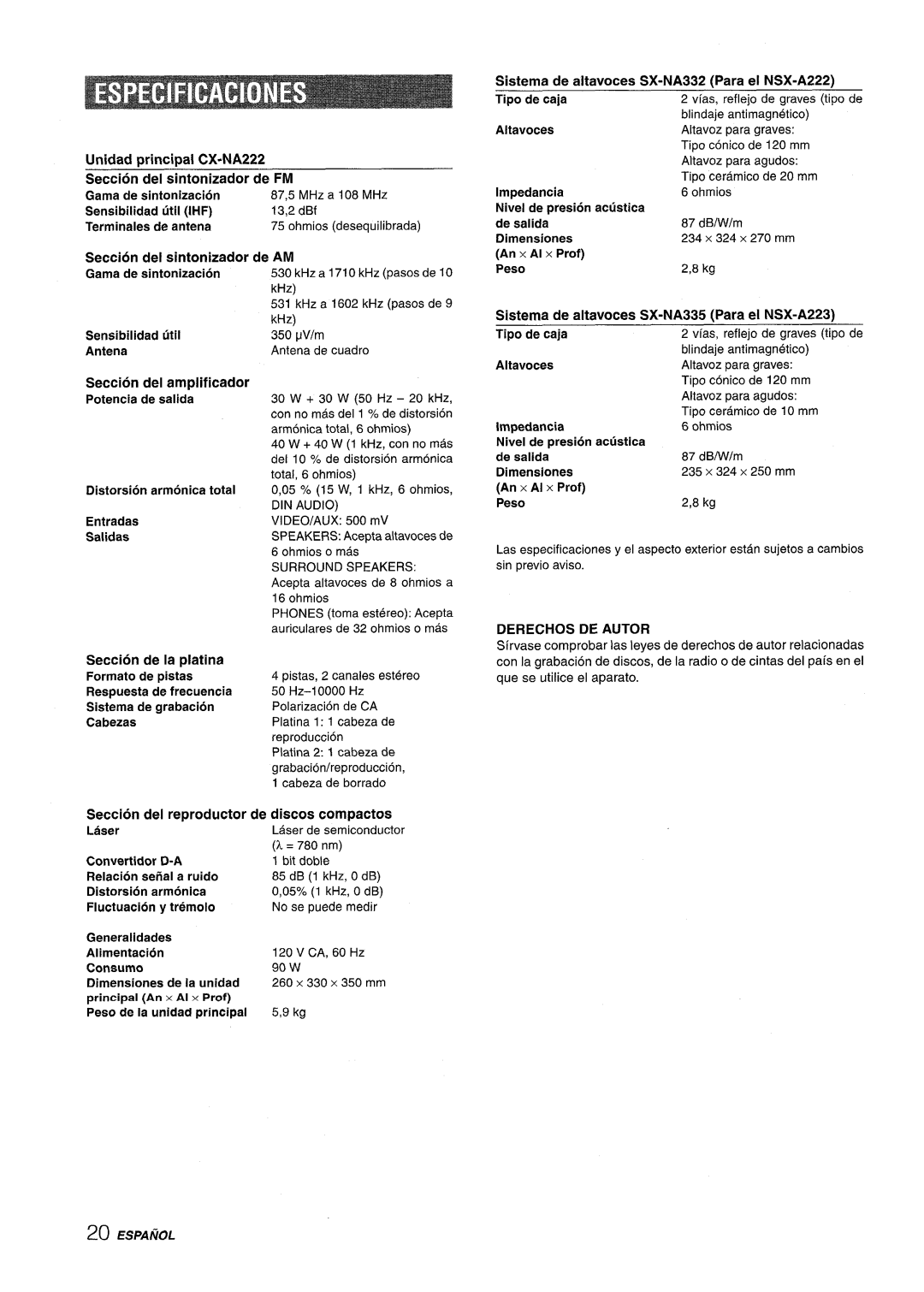 Aiwa CX-NA222 manual Gamade sintonizacion, Formatode pistas, Respuestade frecuencia, Sistemade grabacion, Cabezas 