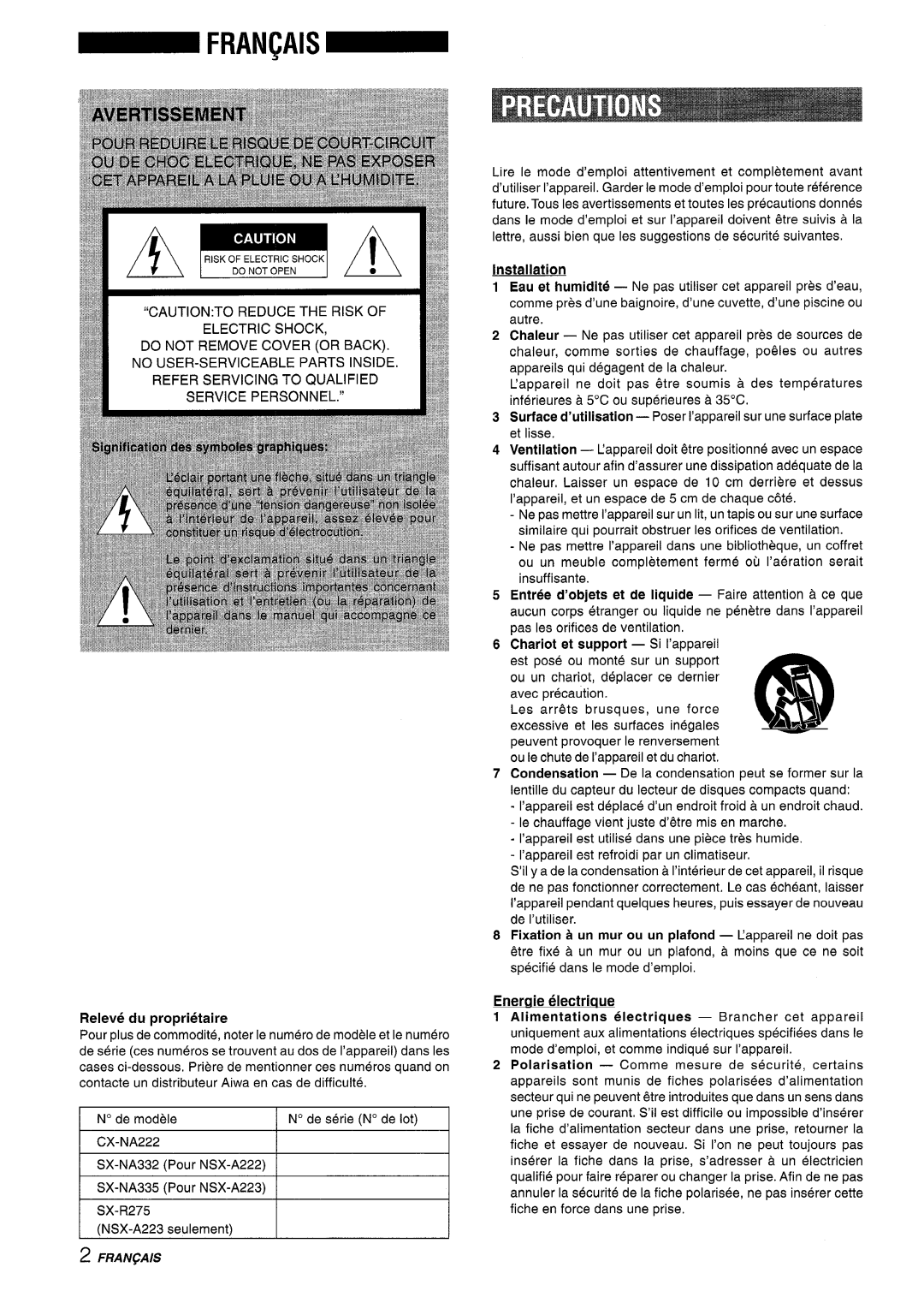 Aiwa CX-NA222 manual Releve du proprietaire, Installation 