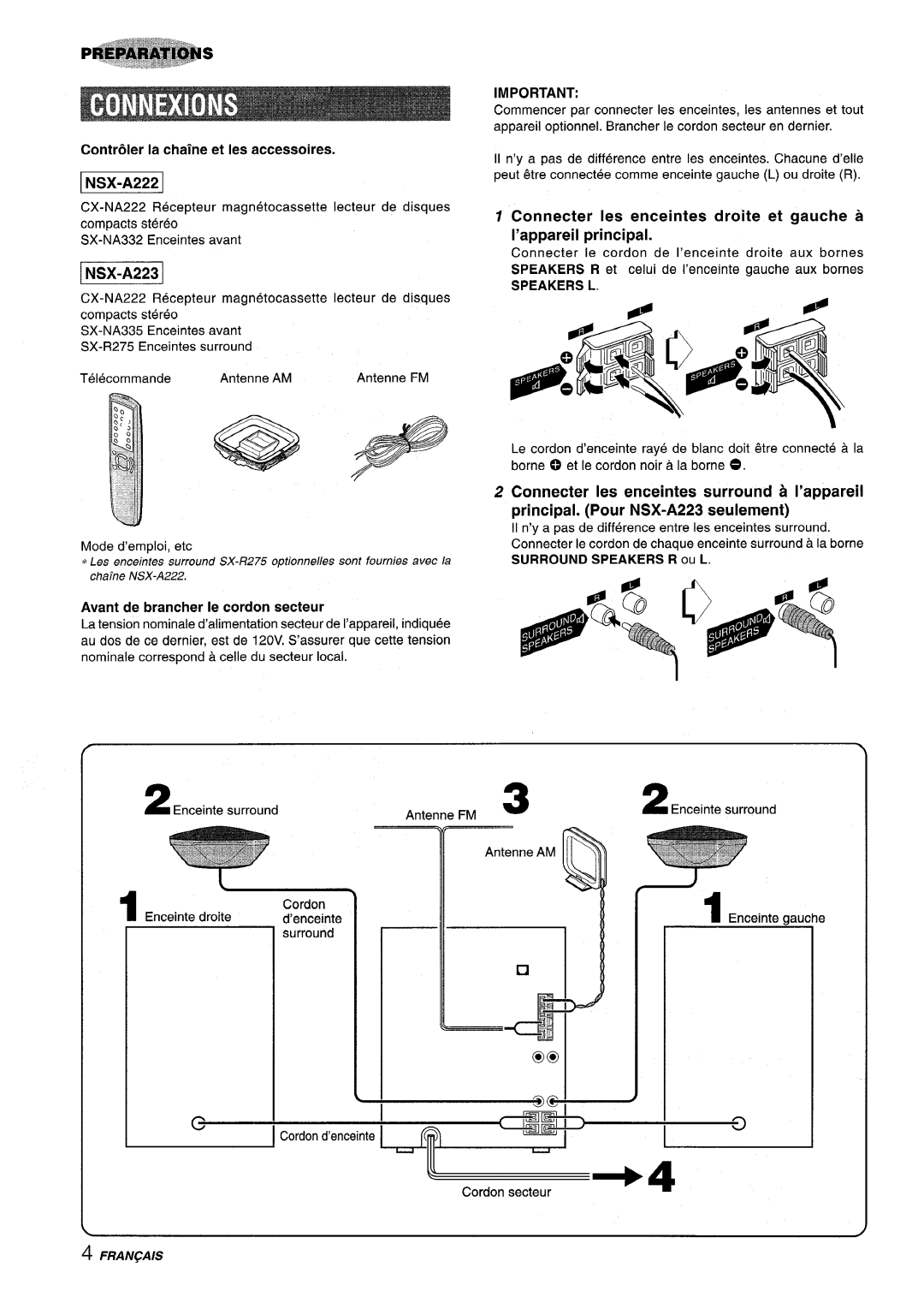 Aiwa CX-NA222 manual NSX-A222, Contr61er la chalne et Ies accessoires, Avant de brancher Ie cordon secteur 