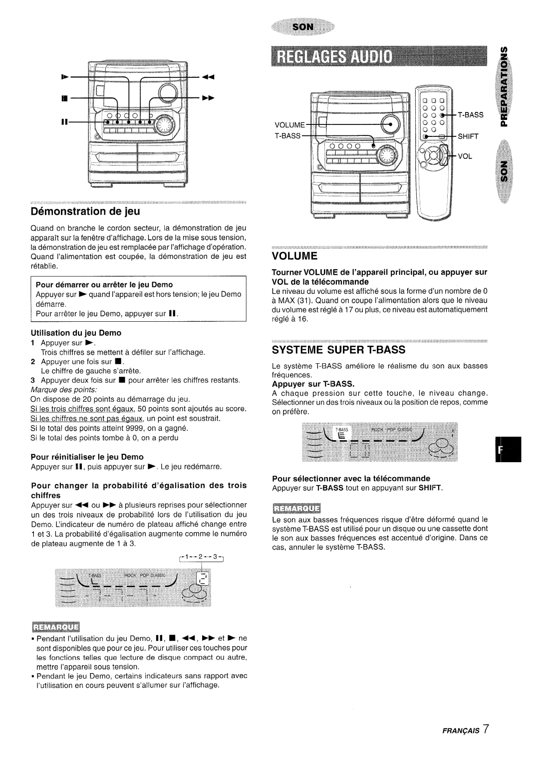 Aiwa CX-NA222 manual Pour demarrer ou arr~ter le jeu Demo, Utilisation du jeu Demo, Pour reinitialiser Ie jeu Demo 