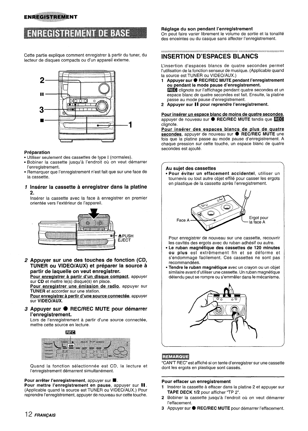Aiwa CX-NA222 manual Inserer la cassette a enregistrer clans la platine, Au sujet des cassettes 