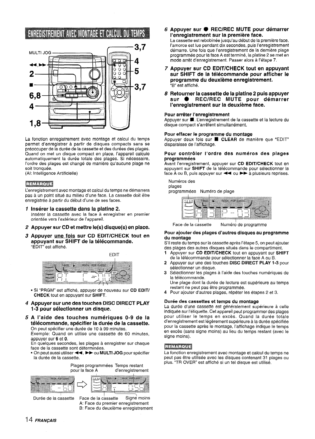 Aiwa CX-NA222 manual Inserer la cassette clans la platine, Pour effacer Ie programme du montage, Du montage 