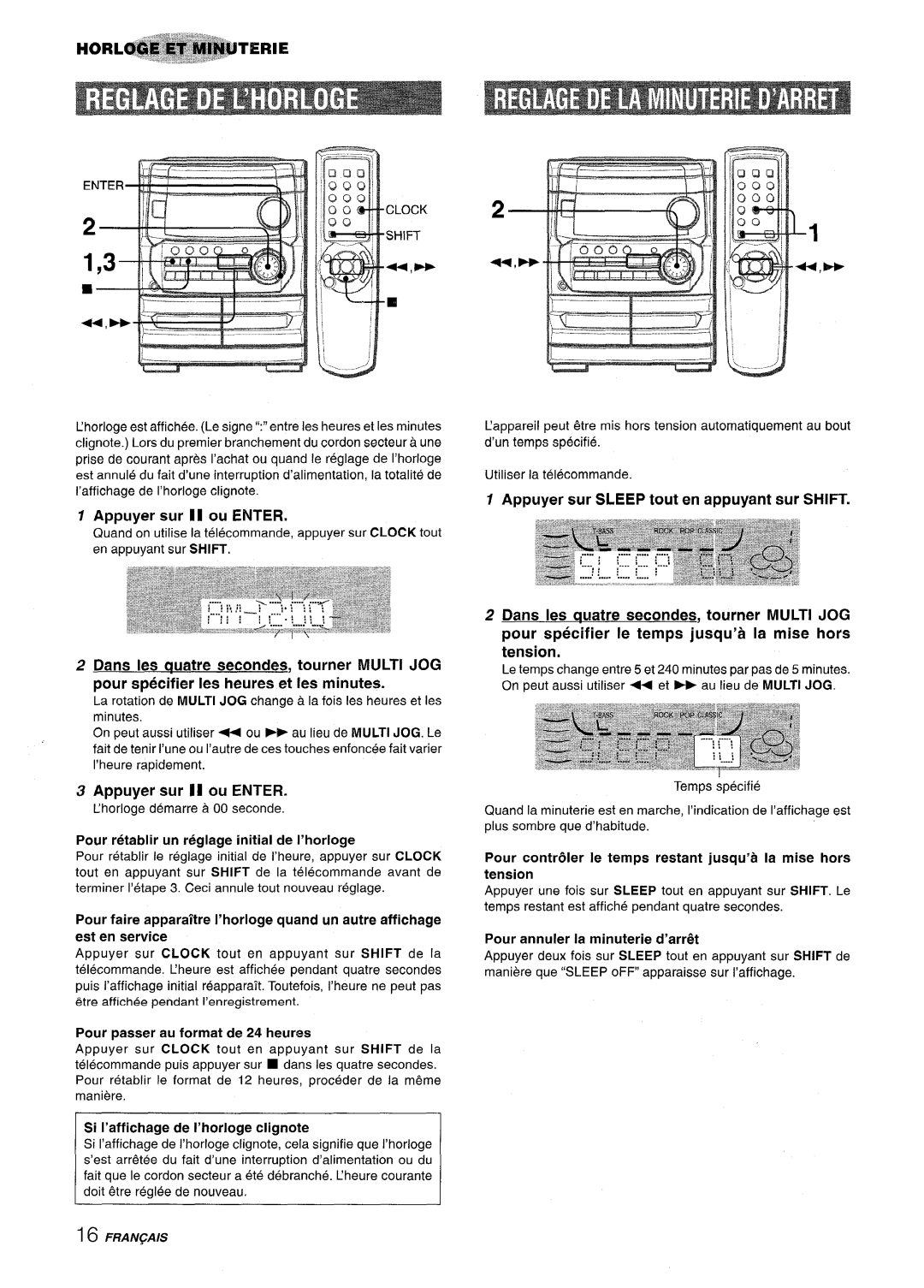 Aiwa CX-NA222 Appuyer sur II ou Enter, Pour retablir un reglage initial de I’horloge, Pour passer au format de 24 heures 