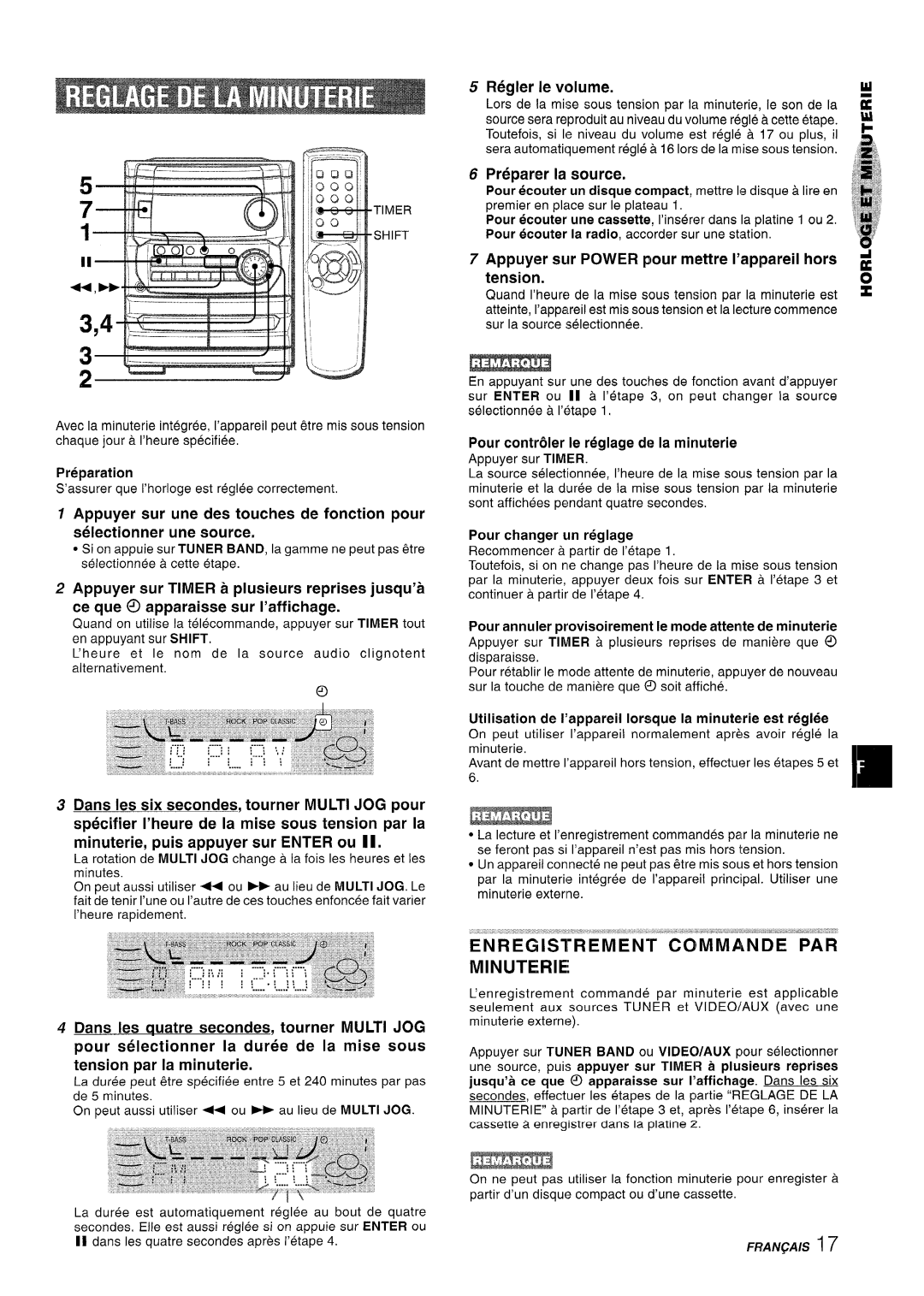 Aiwa CX-NA222 EN Registrement Commande PAR Minuterie, Regler Ie volume, Sur Power pour mettre I’appareil hors Tension 