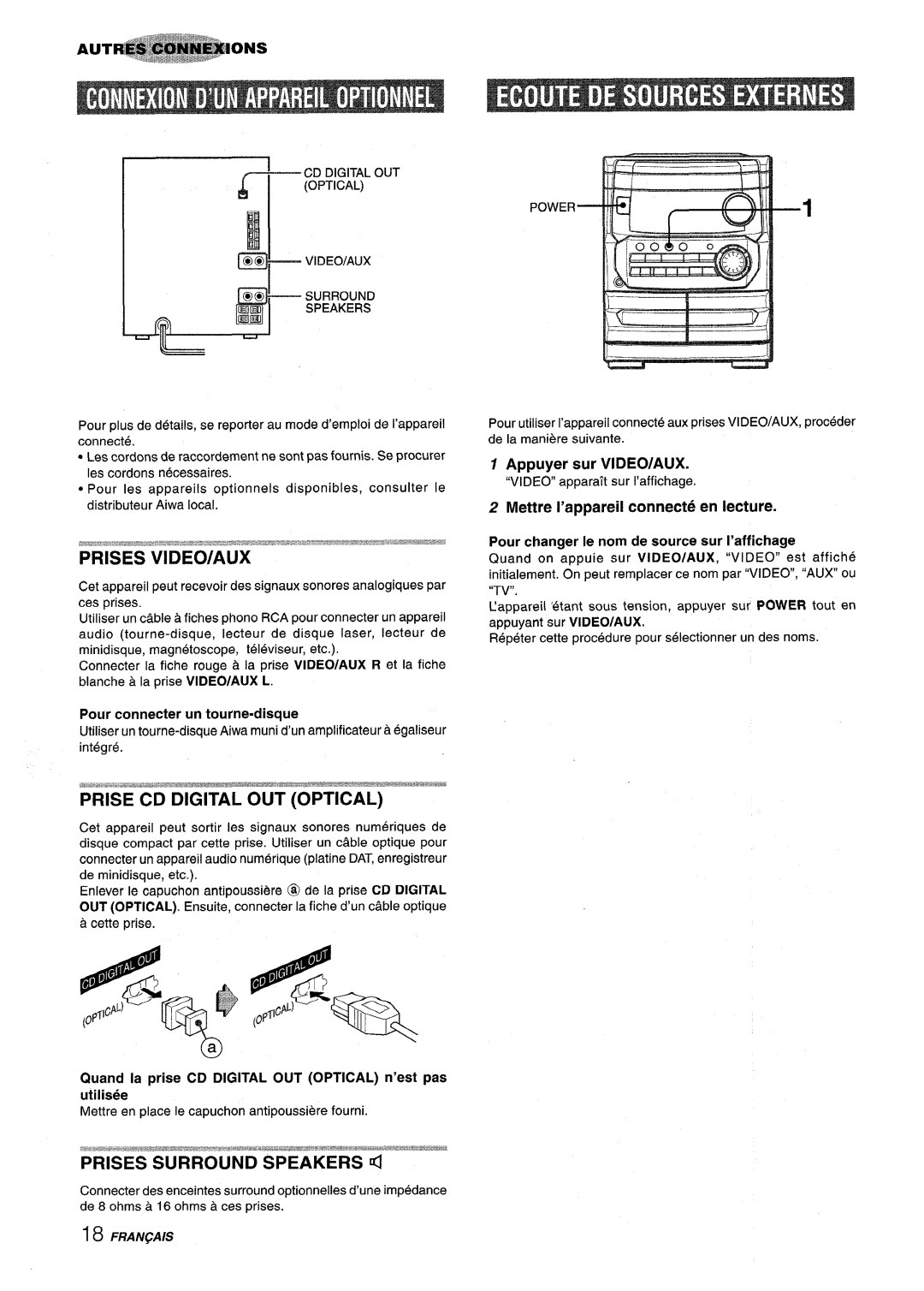 Aiwa CX-NA222 Prises VIDEO/AUX, Pour connecter un tourne-disque, Quand la prise CD Digital OUT Optical n’est pas utilisee 