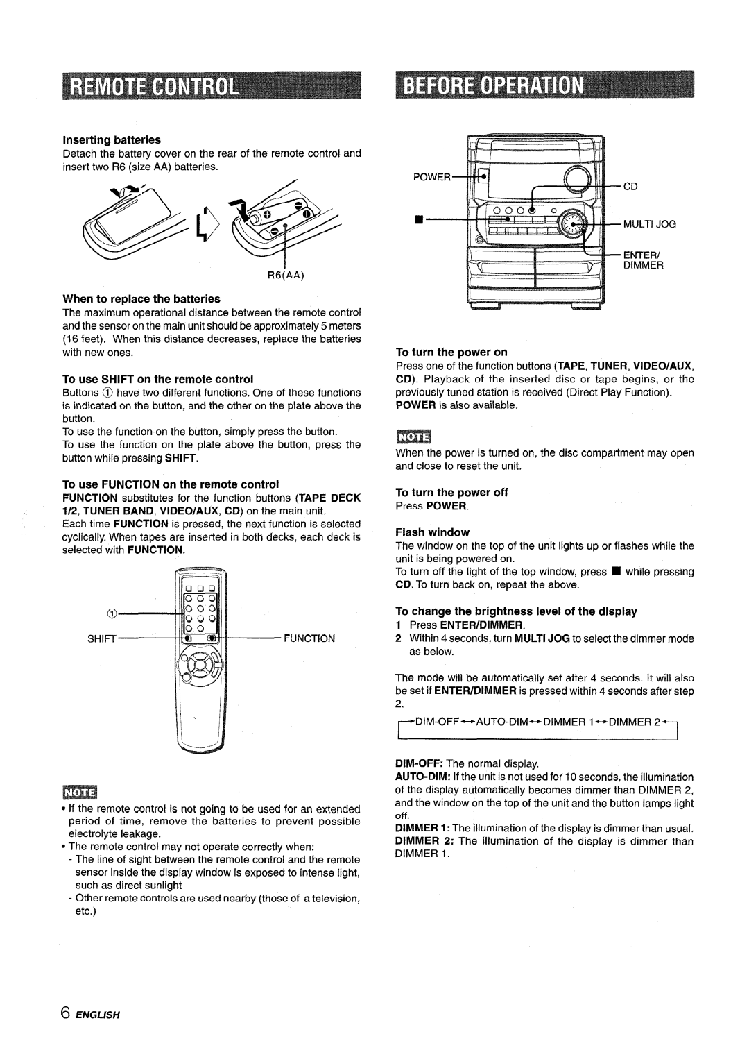 Aiwa CX-NA222 When to replace the batteries, To use Shift on the remote control, To use Function on the remote control 