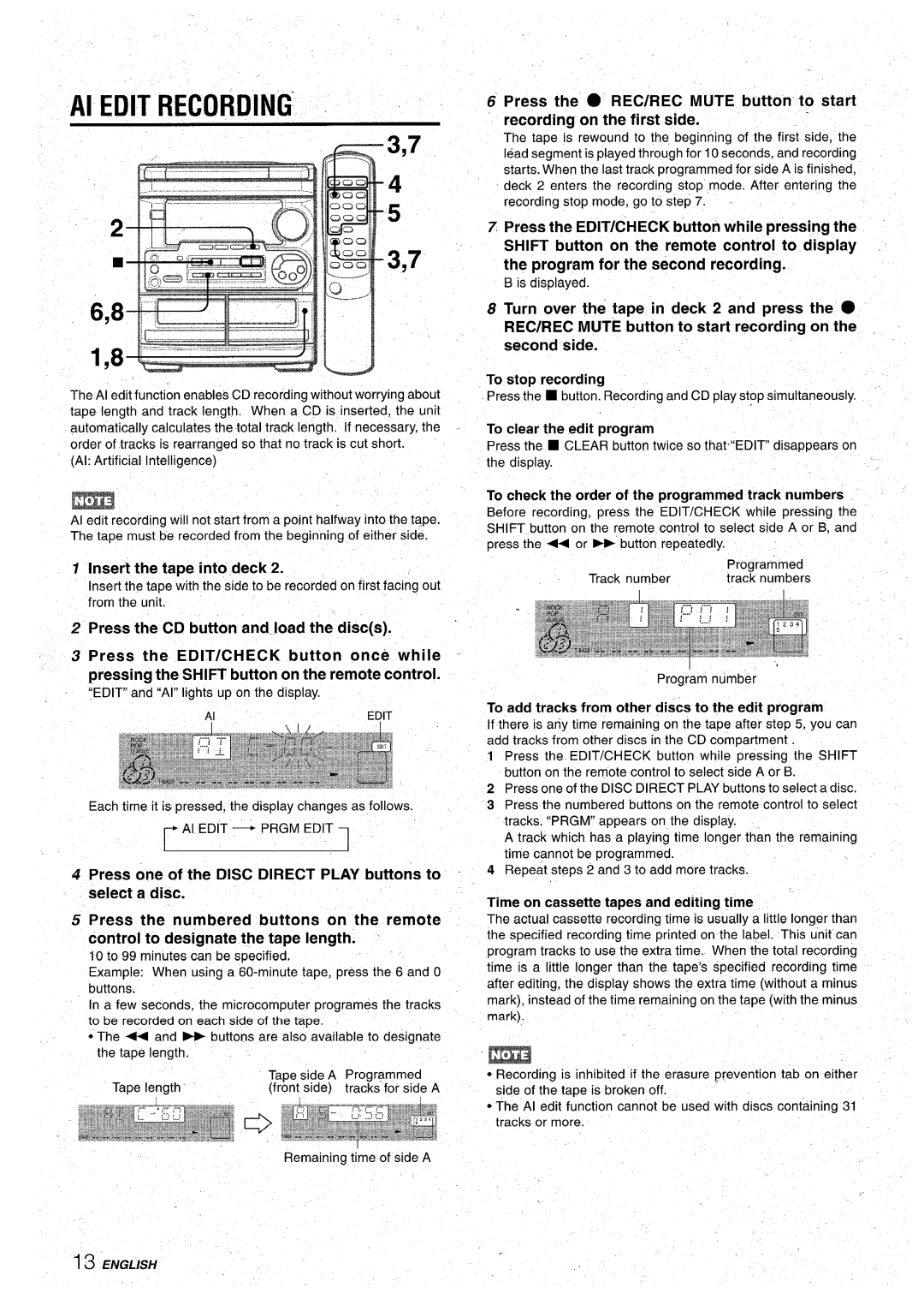 Aiwa CX-NA30 Insert the tape into deck, To clear the edit program, To check the order of the programmed track numbers 