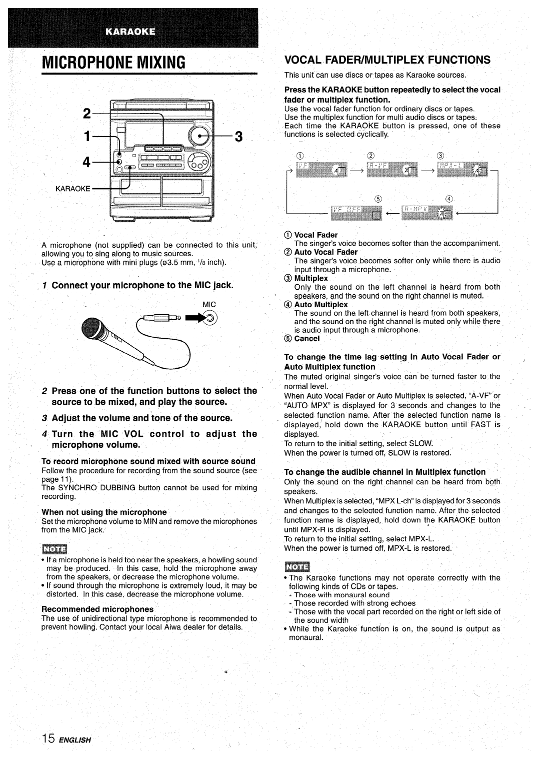 Aiwa CX-NA30 manual Microphone Mixing, Vocal Fadefumultiplex Functions 