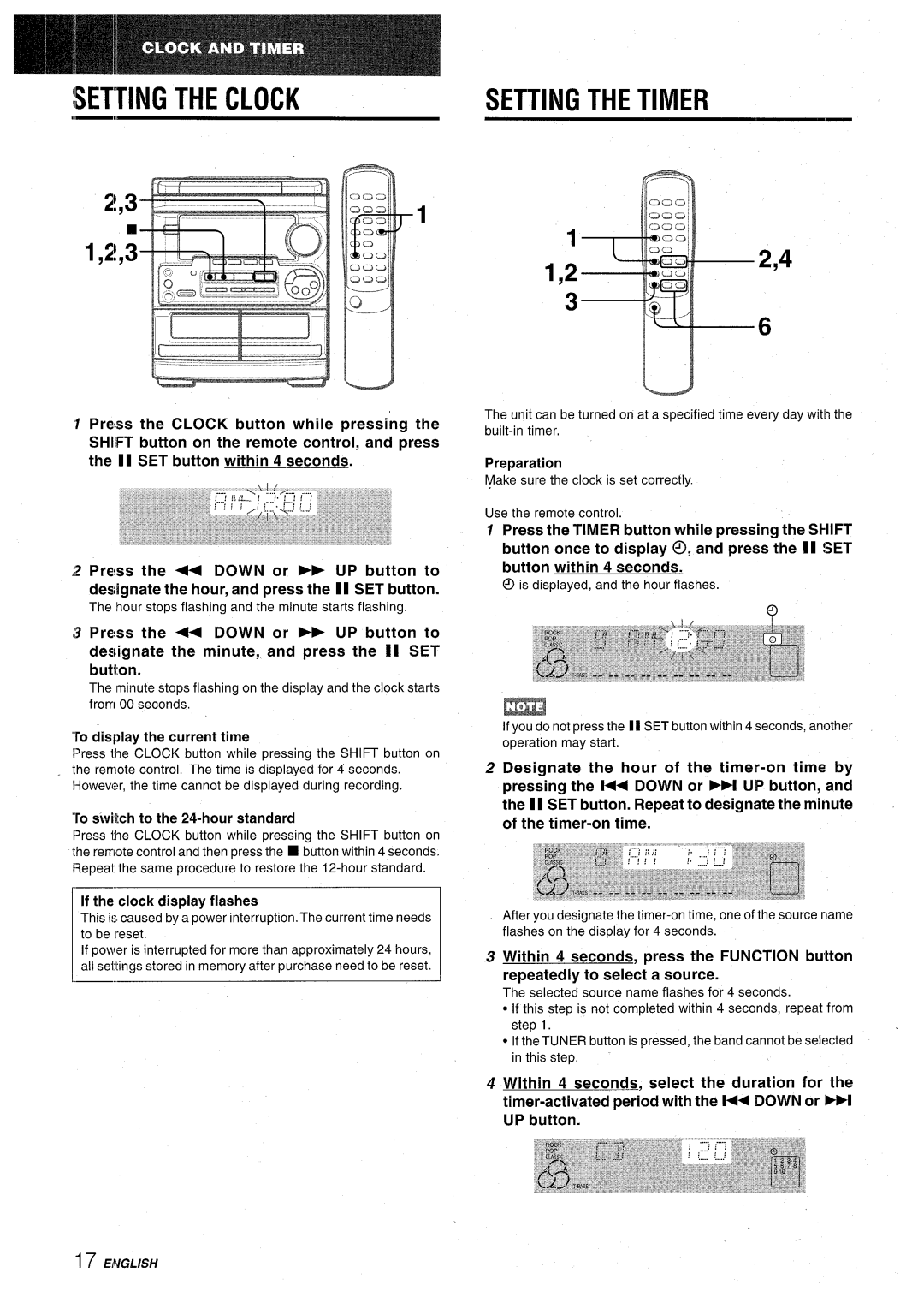 Aiwa CX-NA30 Setting the Clock Setting the Timer, If the clock display flashes, To display the current time, Preparation 