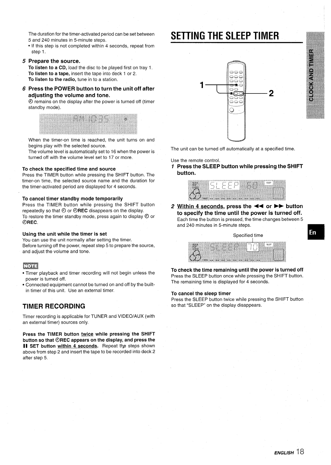 Aiwa CX-NA30 manual Setting the Sleep Timer, Timer Recording, Prepare the source, Orec 