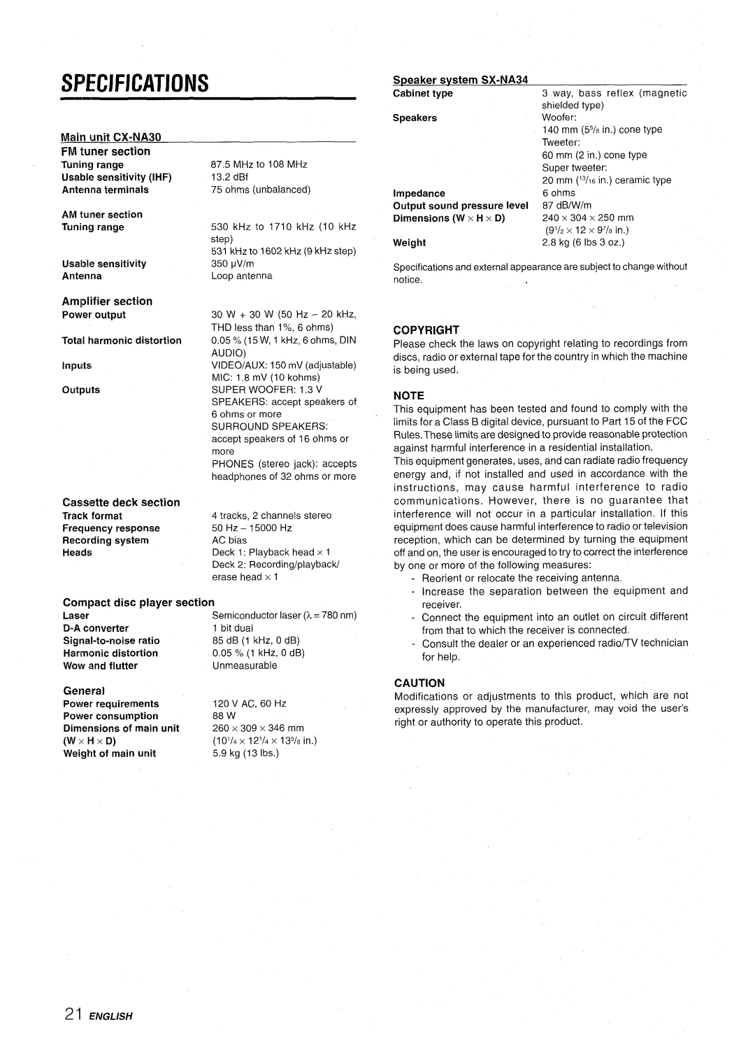 Aiwa CX-NA30 manual Specifications, Copyright 