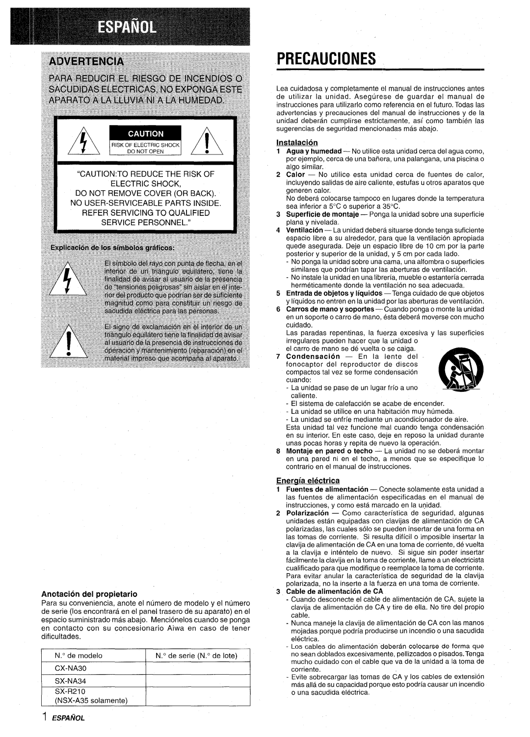 Aiwa CX-NA30 manual Precauciones, Ancltacion del propietario, Instalacion, Eneraia electrica 