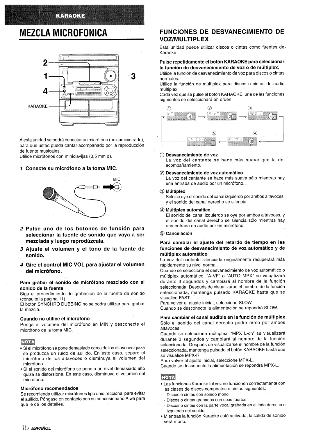 Aiwa CX-NA30 manual Mezcla Microfonica, Conecte su microfono a la toma MIC, Cuando no utilice el microfono 