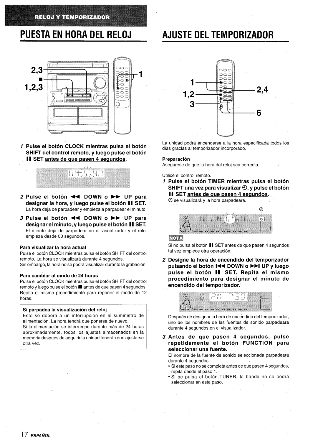 Aiwa CX-NA30 manual Puesta EN Hora DEL Reloj Ajuste DEL Temporizaiior, Para visualizer la hors actual 