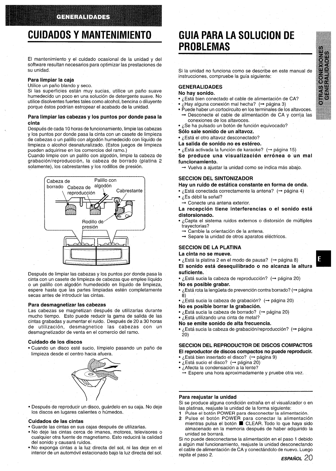 Aiwa CX-NA30 manual Cuidados Y Mantenimiento, Guia Para LA Solucion DE Problemas, Generalidades, Seccion DEL Sintonizador 