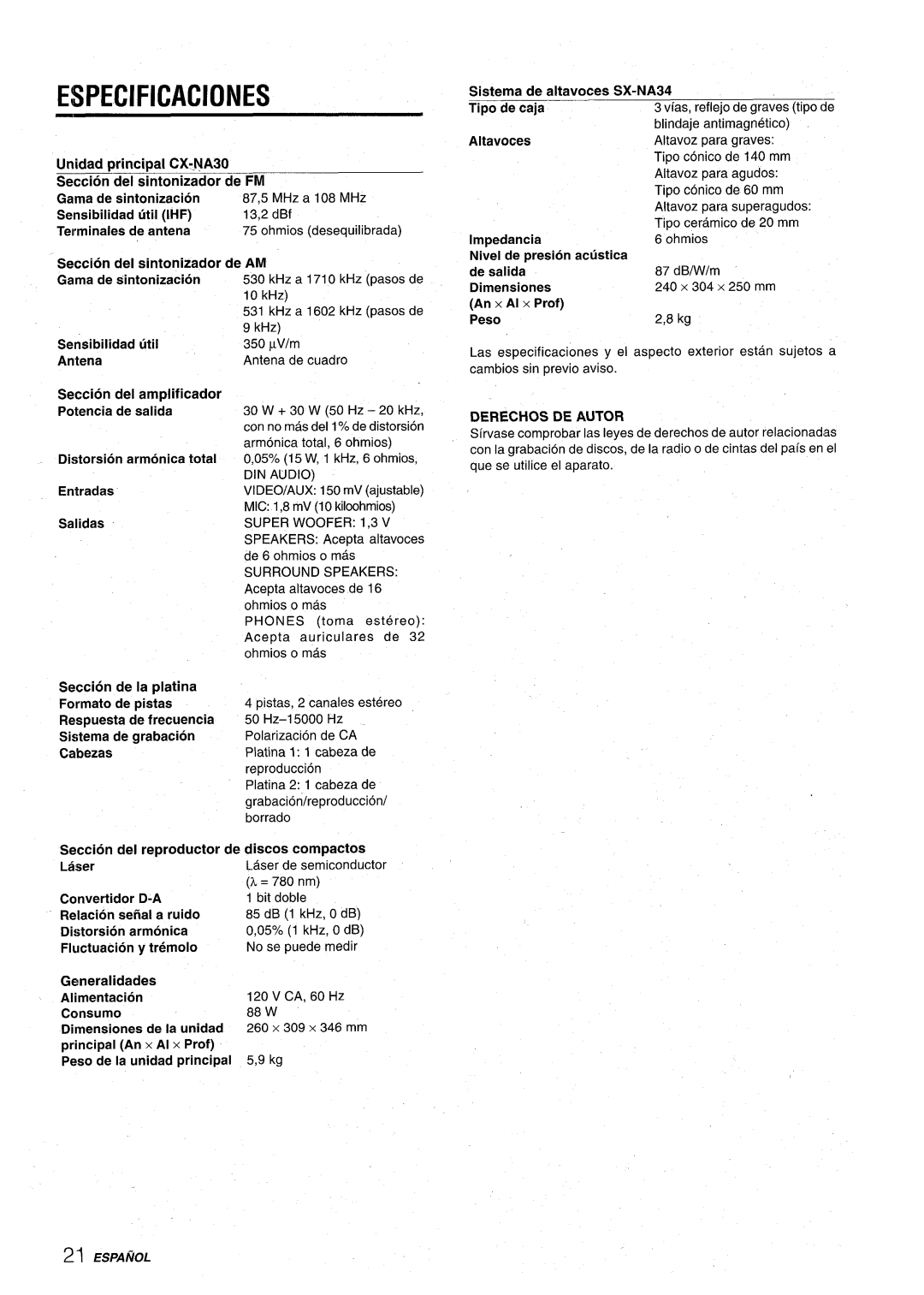 Aiwa CX-NA30 manual Especificaciones, Derechos DE Autor 