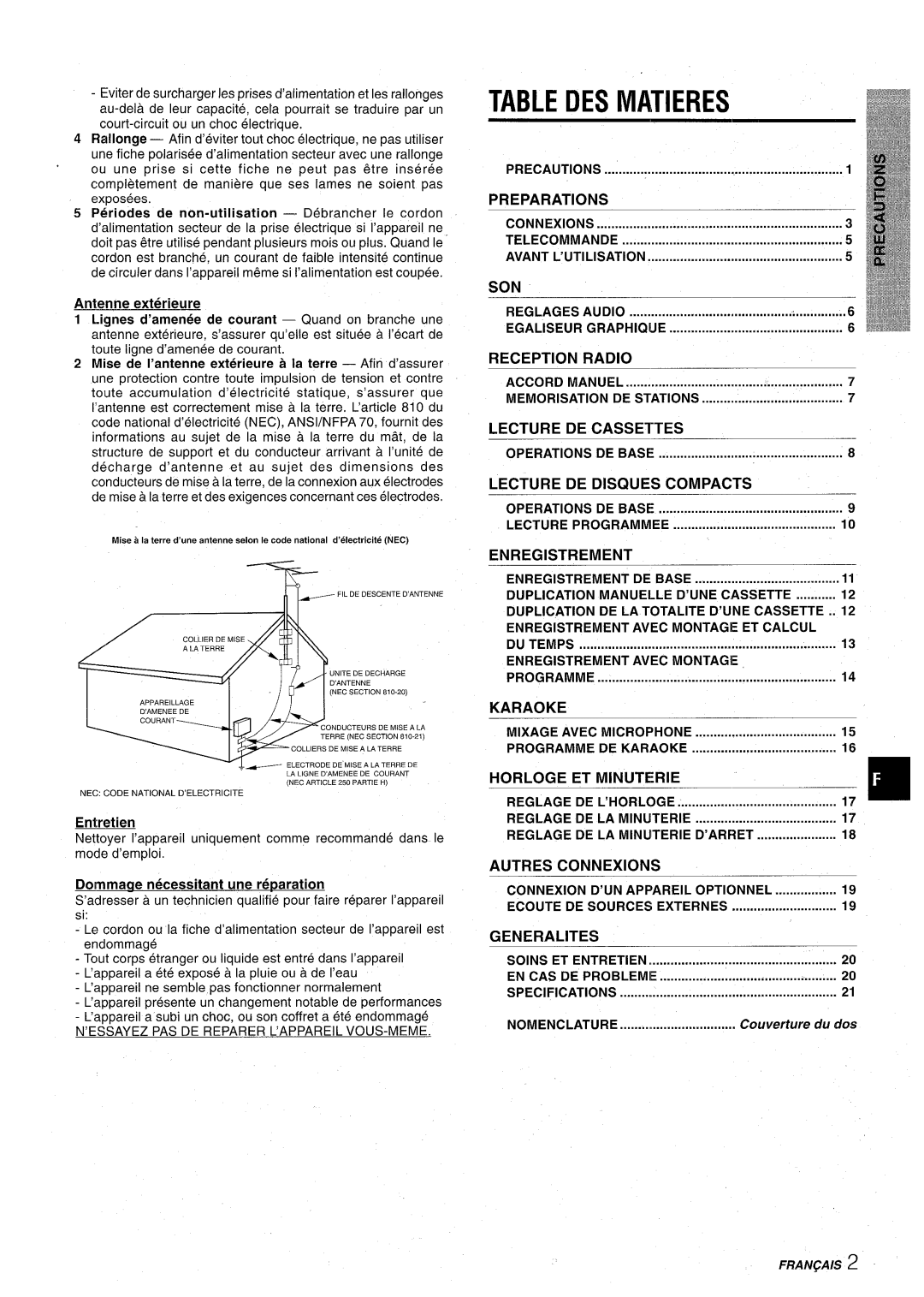 Aiwa CX-NA30 manual DES Matieres 