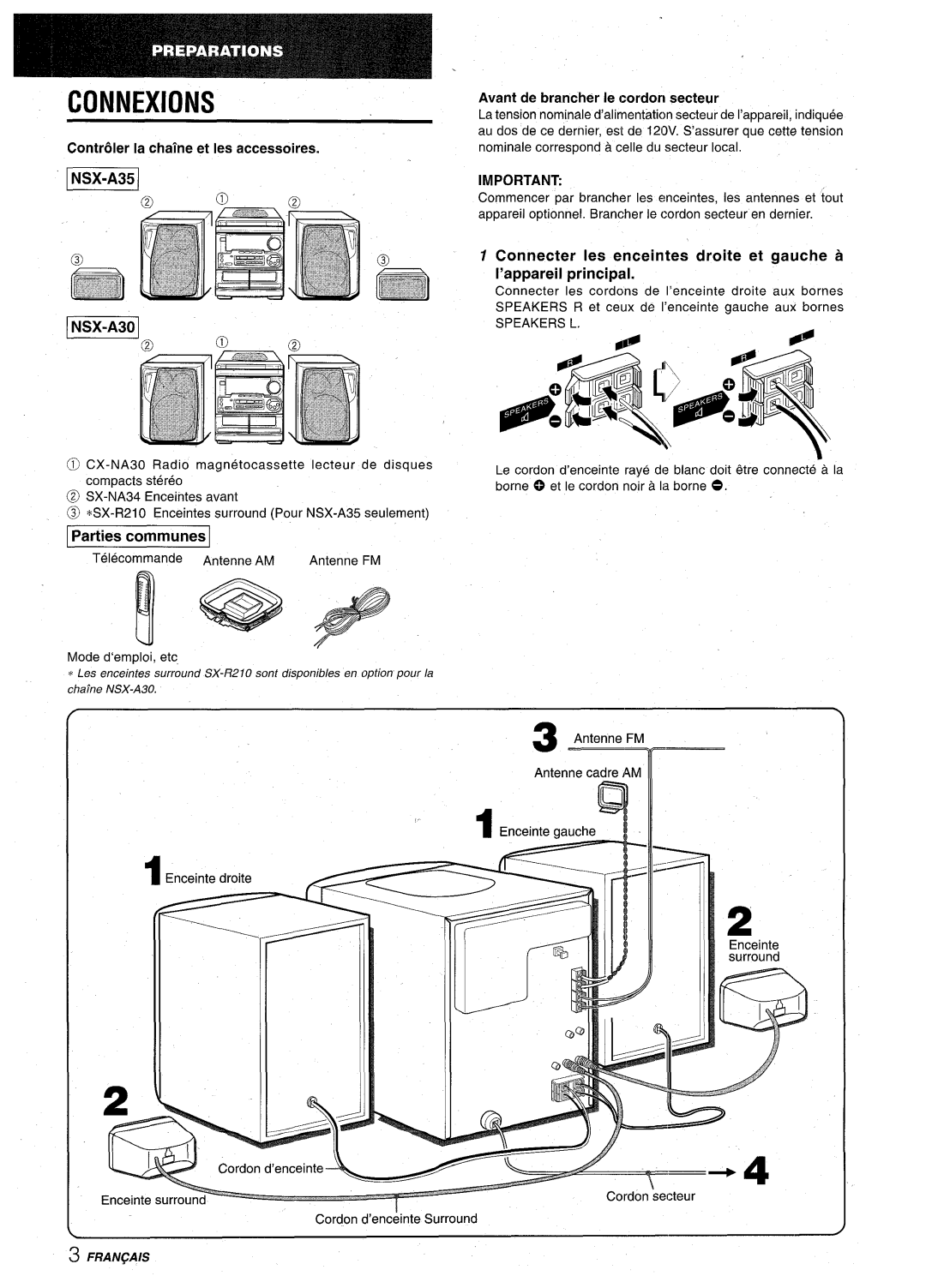 Aiwa CX-NA30 Connexions, Contr61er la chalne et Ies accessoires, Parties communes, Avant de brancher Ie cordon secteur 