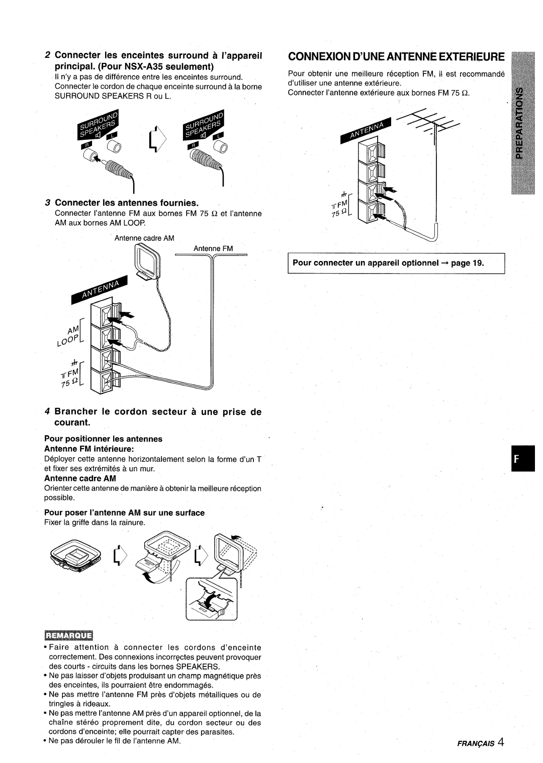 Aiwa CX-NA30 manual Connecter Ies antennes fournies, Brancher Ie cordon secteur a une prise de courant 