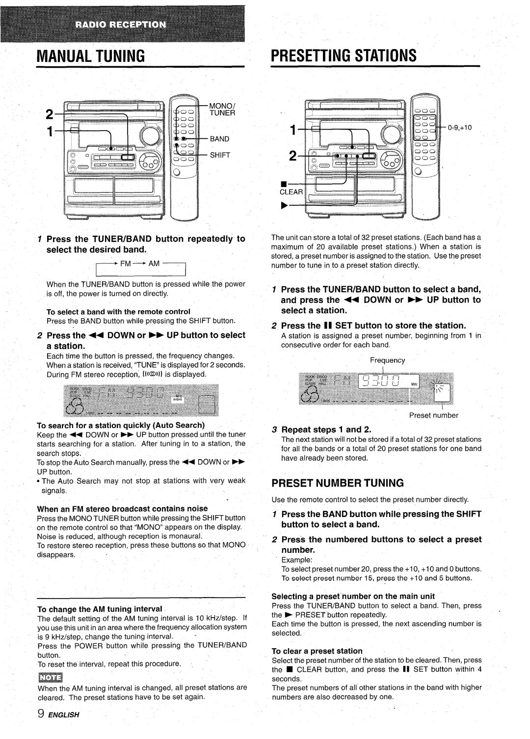 Aiwa CX-NA31 Manual Tuning, Presetting Stations, Preset Number Tuning, Press the+ Down or FD UP button to setect a station 