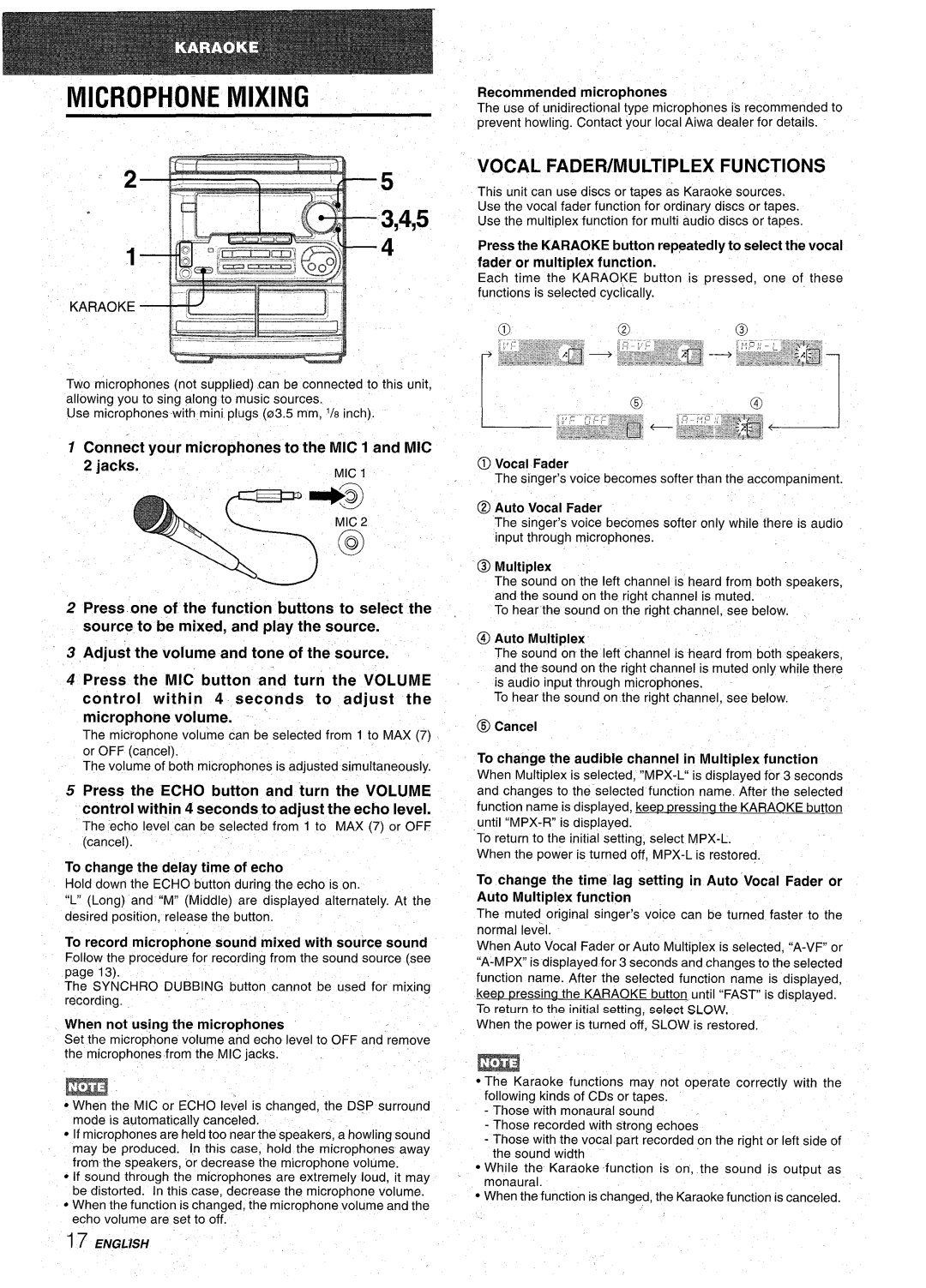 Aiwa CX-NA31 manual Microphone Mixing, Vocal FADER/MULTIPLEX Functions, Connect your microphones to the MIC 1 and MIC Jacks 