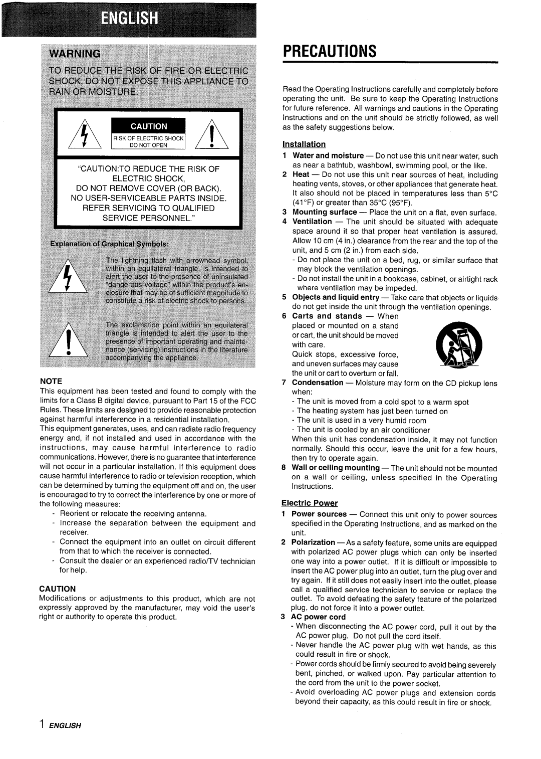 Aiwa CX-NA31 manual Precautions, Installation, Electric Power, AC power cord 